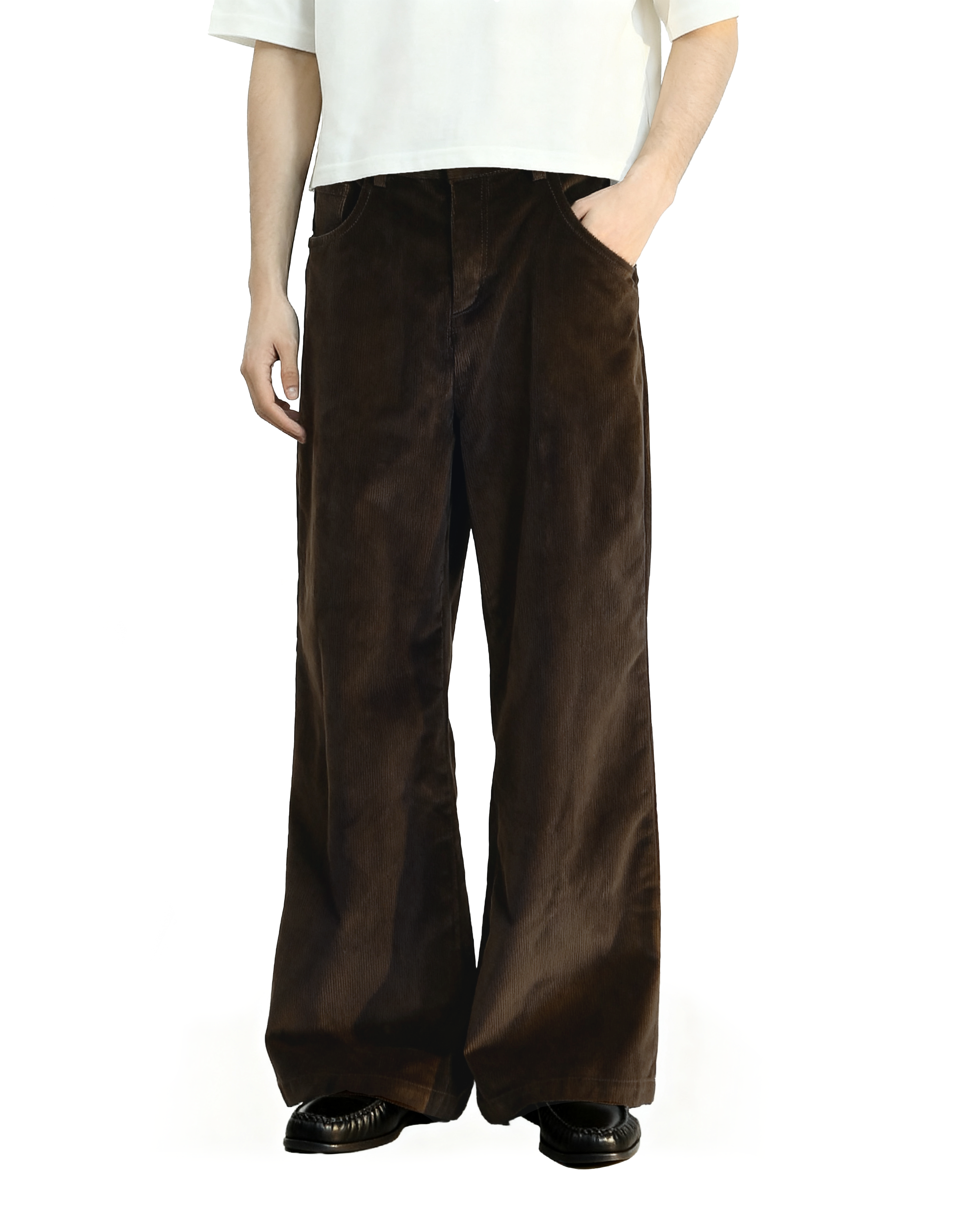Wide Leg Semi-Flare Ribbed Corduroy Pants