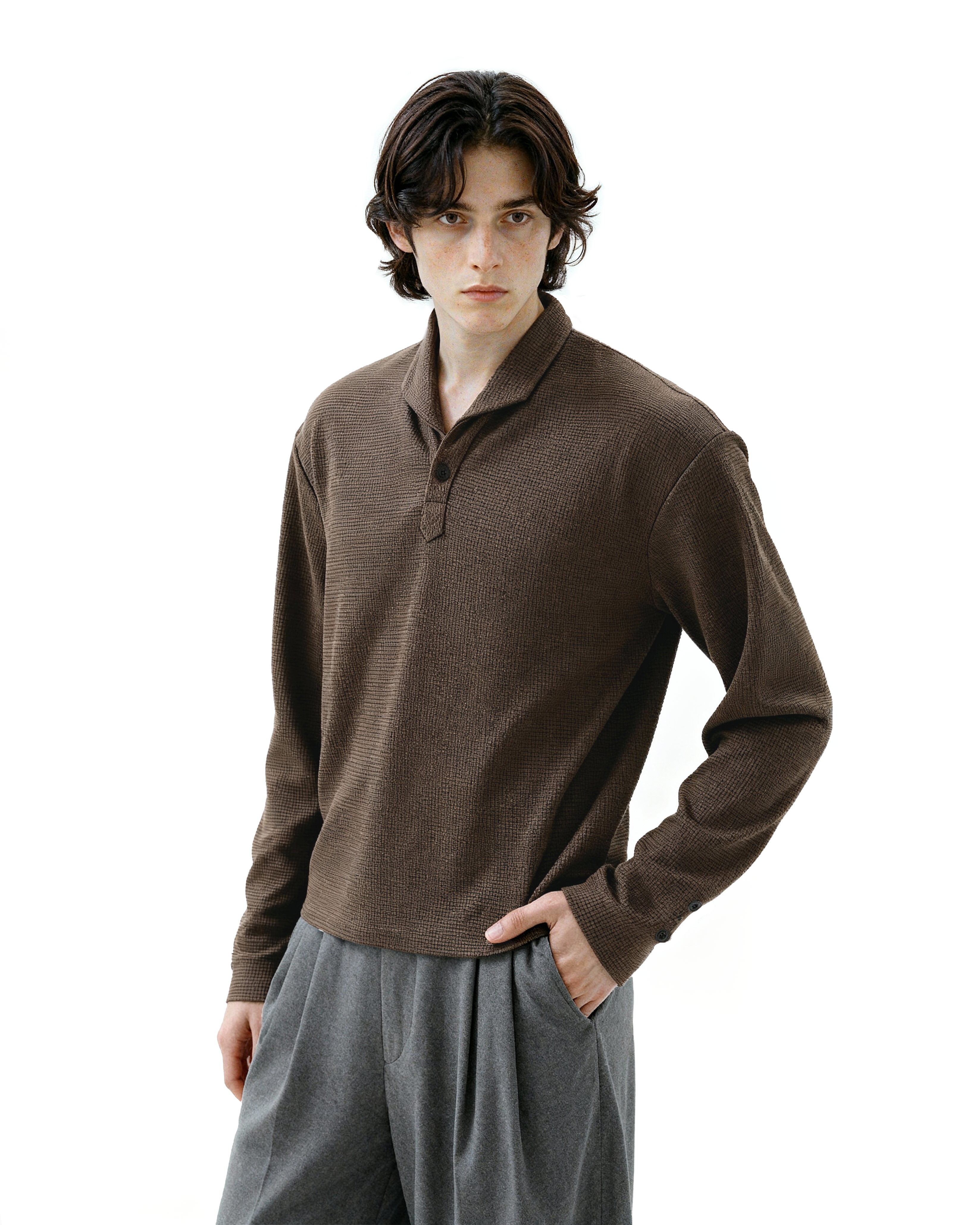 Waffle Knit Half-Button Long Sleeve Polo Top - nightcity clothing