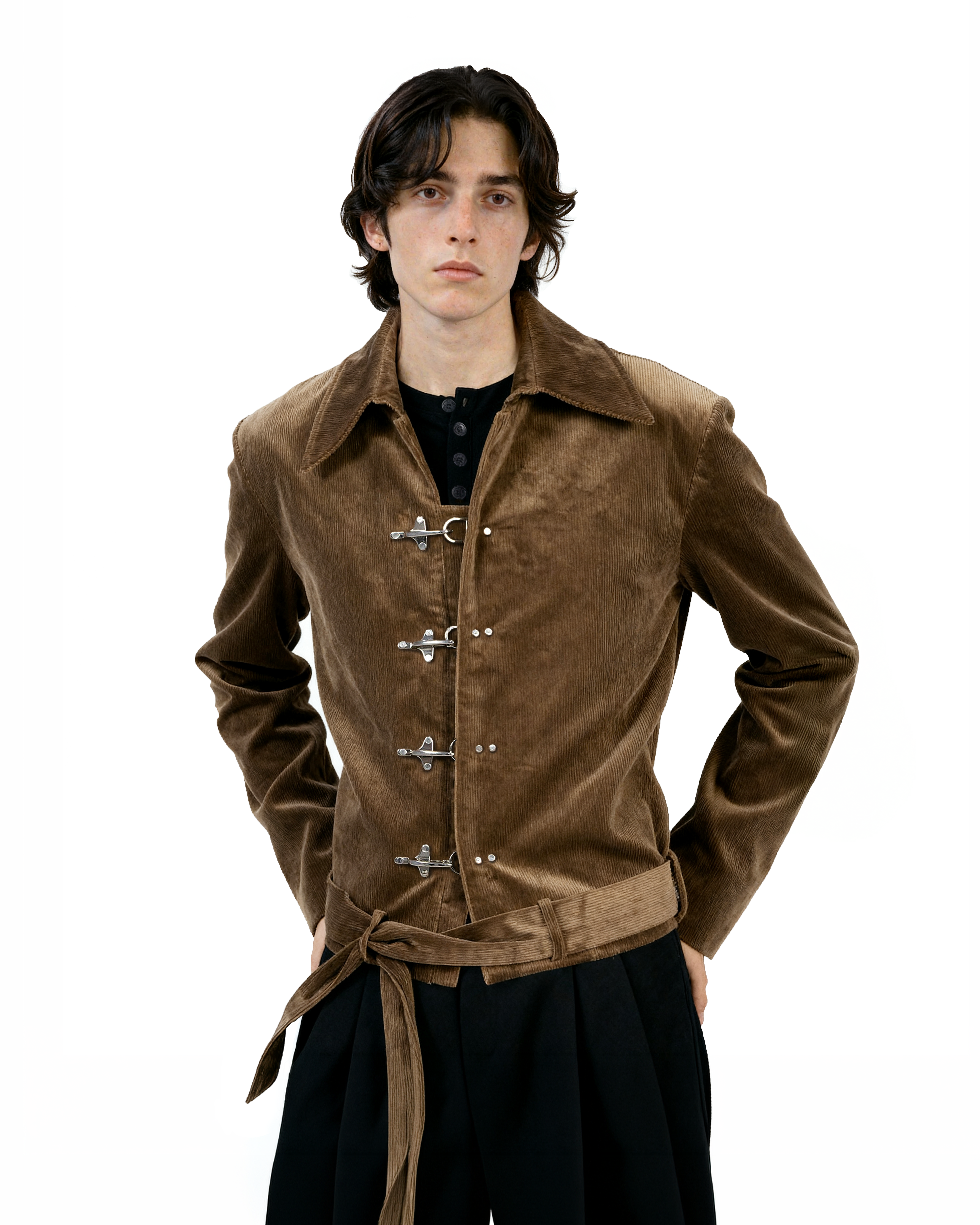 Fireman Clasp Mid-Crop Corduroy Jacket with Belted Waist - nightcity clothing