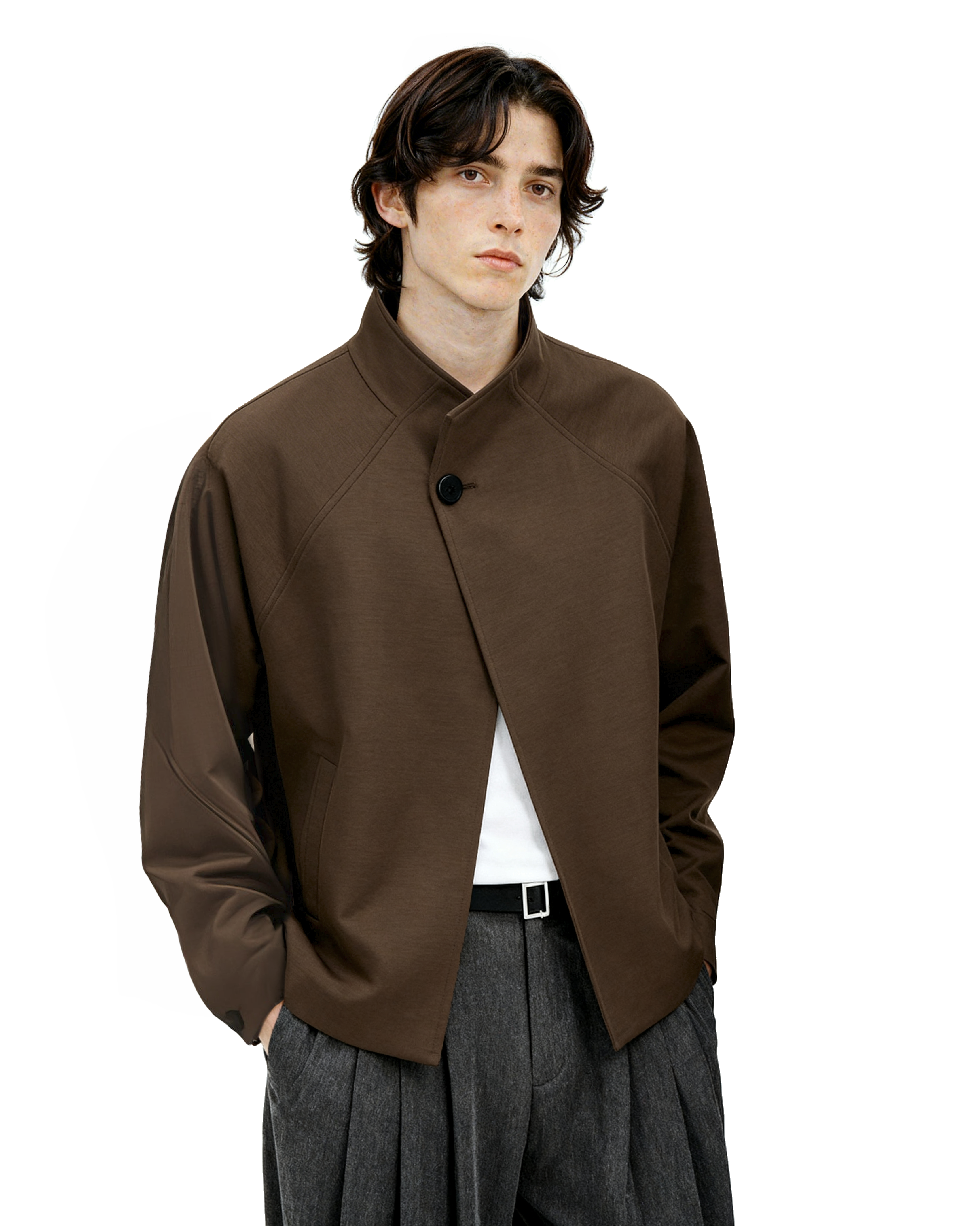 Structured Stand Collar Single Button Jacket with Pockets