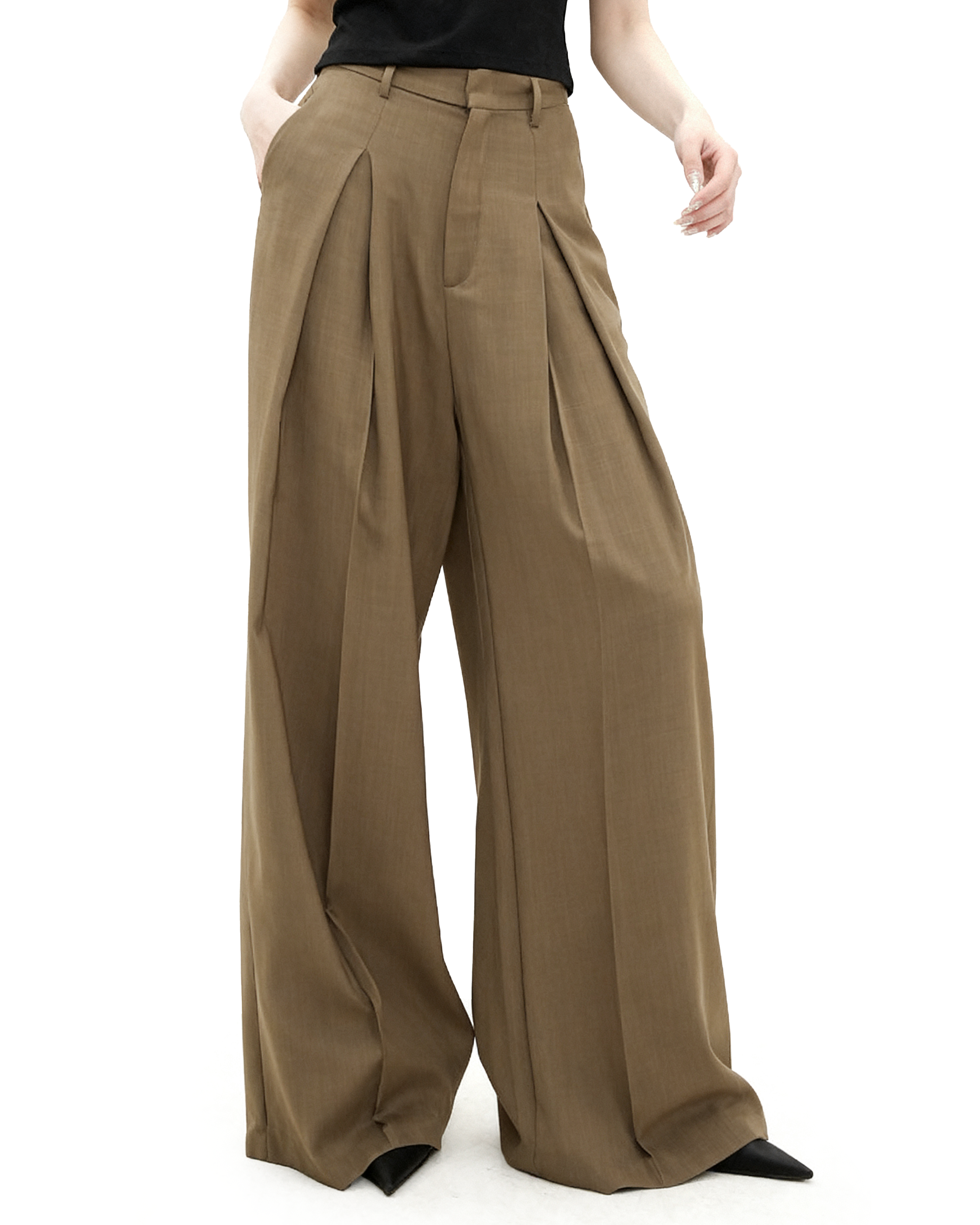 Wide Leg Criss-Cross Pleated Palazzo Trousers-3