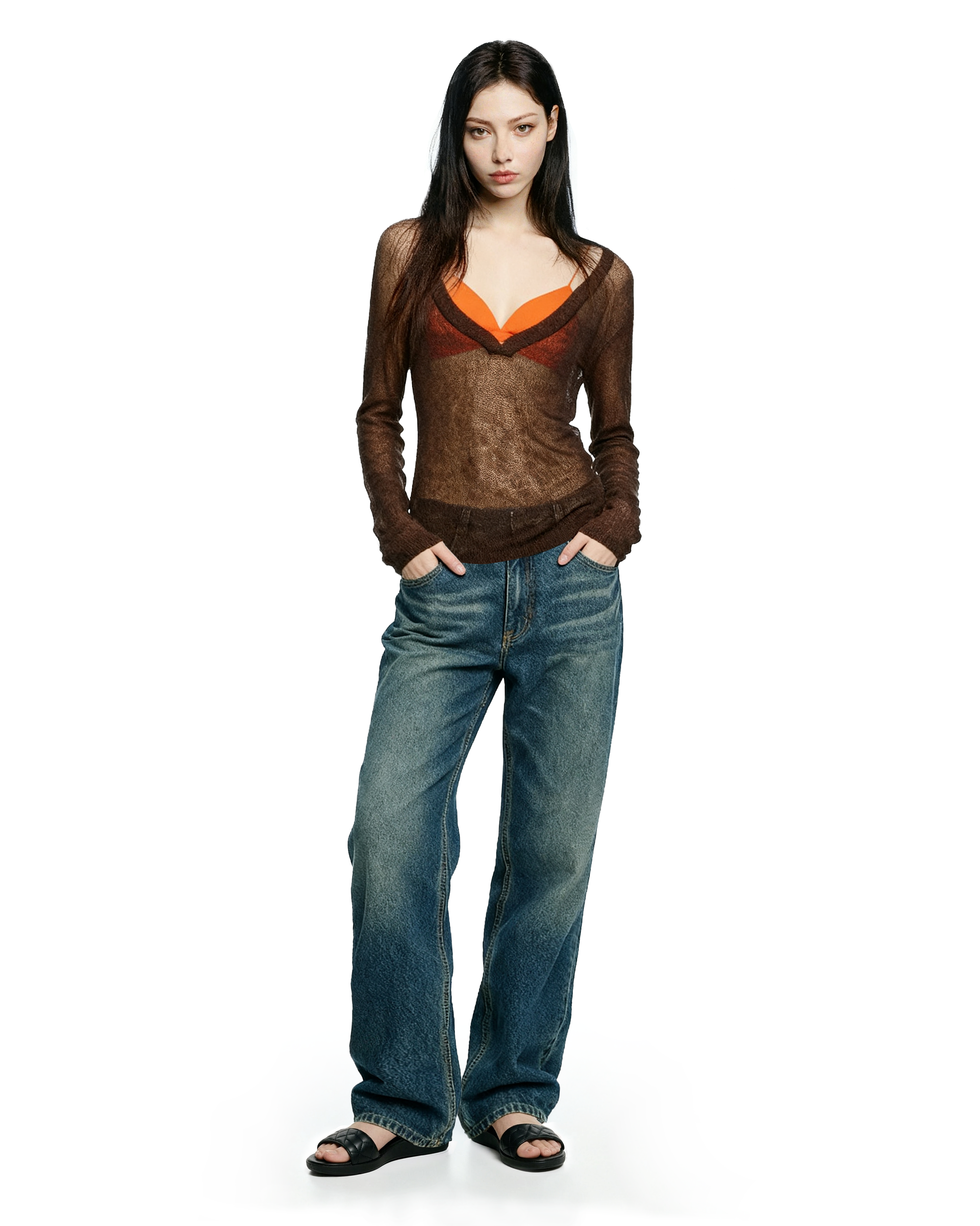 Sheer Knit Deep V-Neck Long Sleeve Top-9