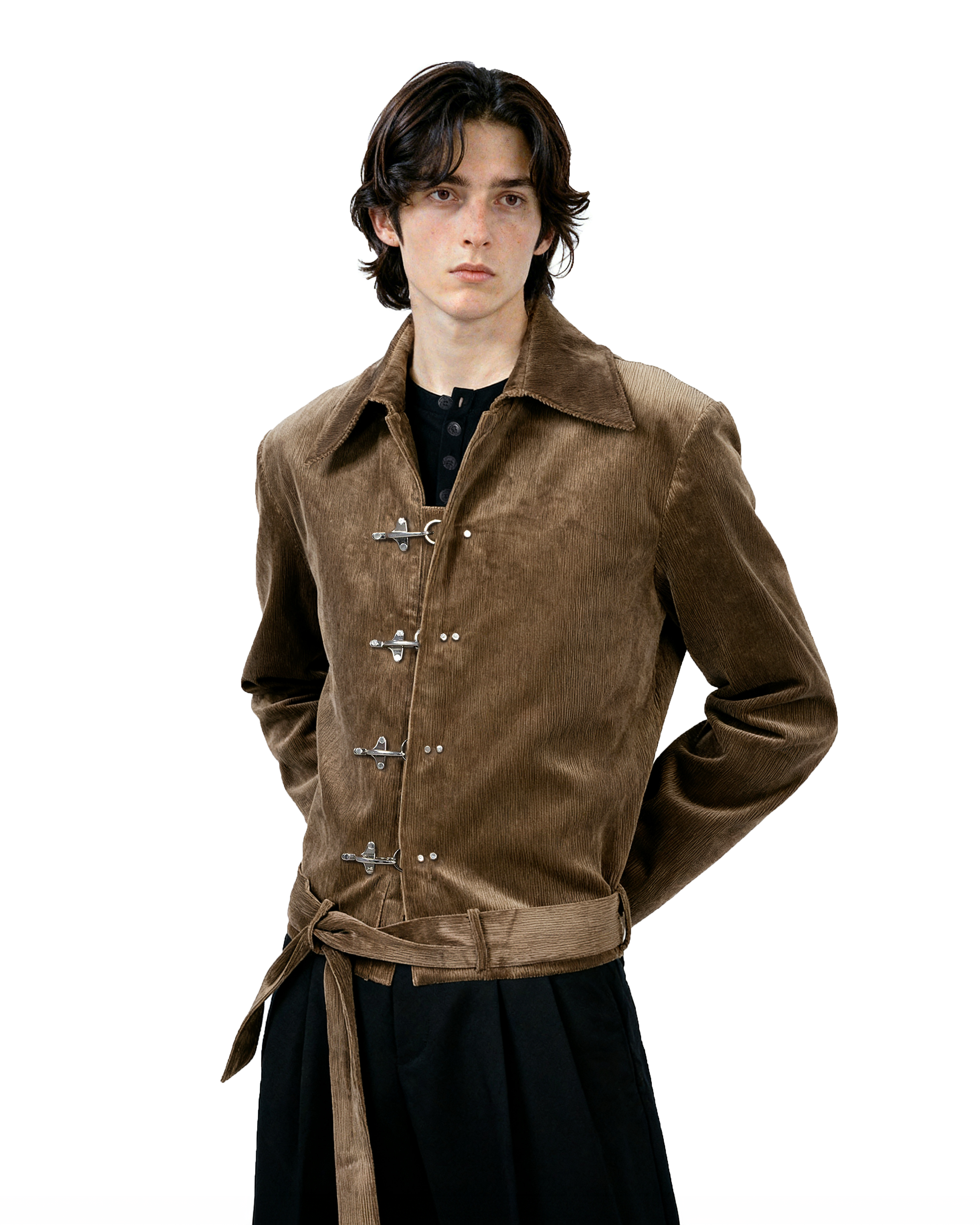 Fireman Clasp Mid-Crop Corduroy Jacket with Belted Waist - nightcity clothing