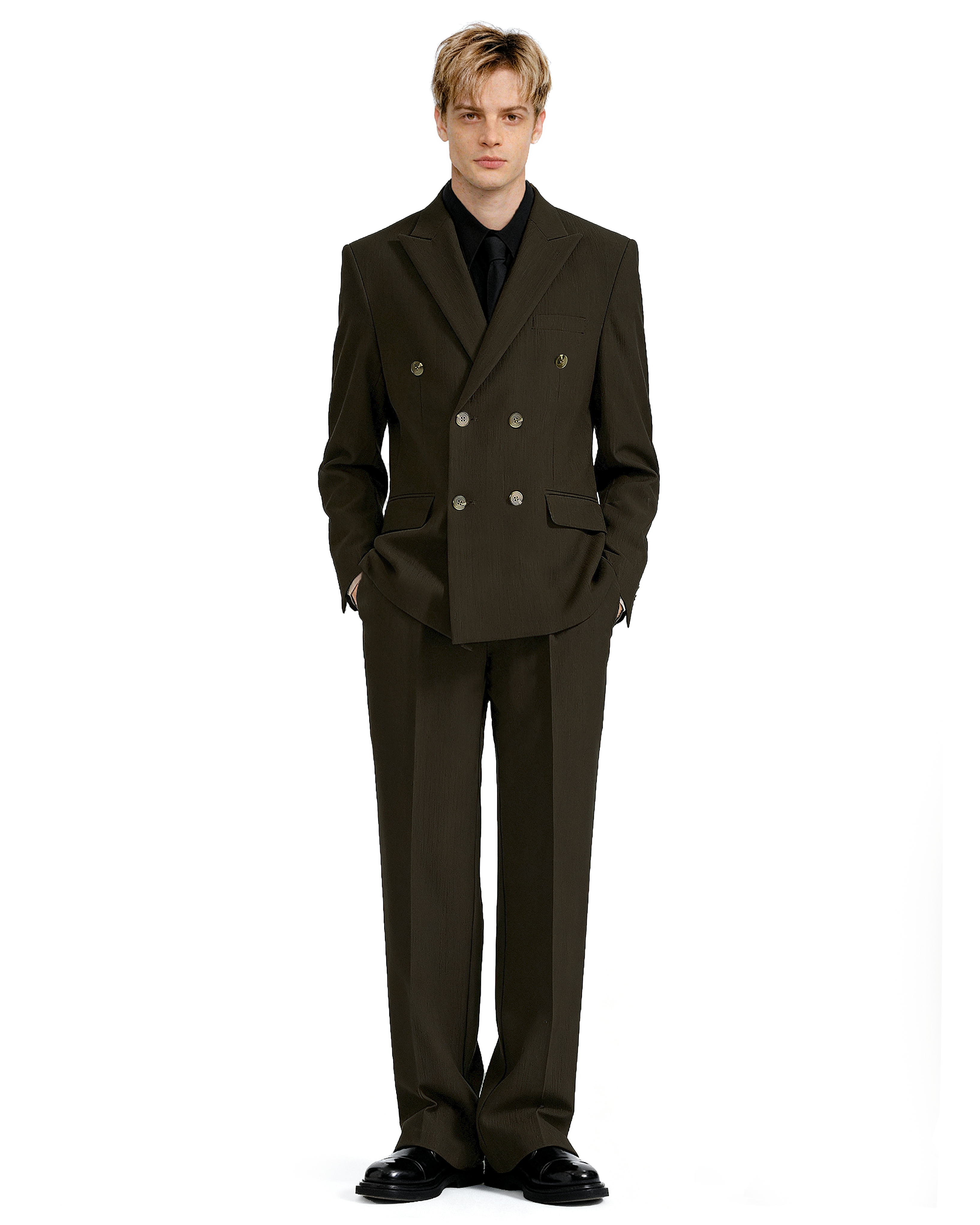 Double-Breasted Oversized Textured Blazer with Peak Lapel-9