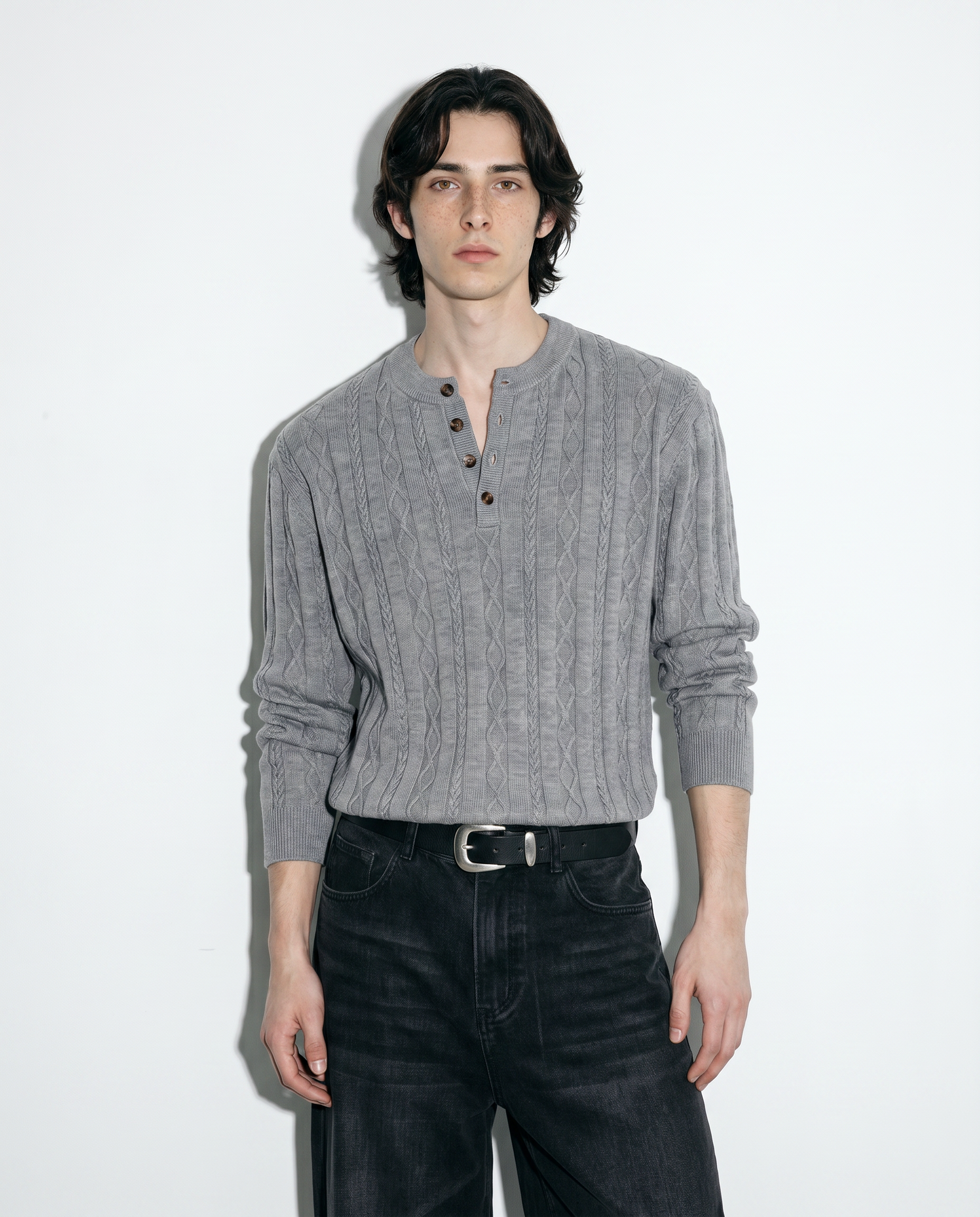Cable Knit Henley Pullover Top-15