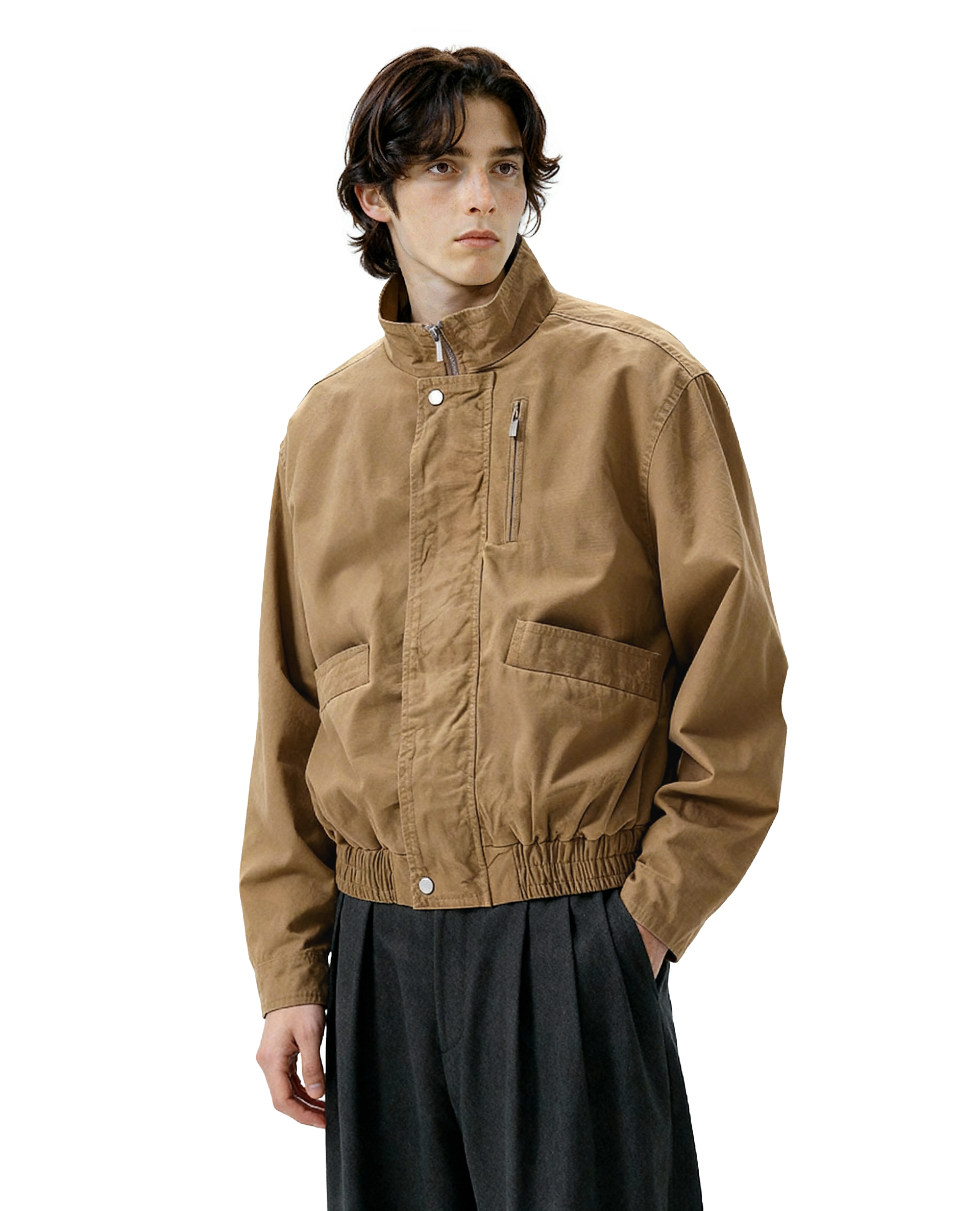 Boxy Zip-Up Stand Collar Worker Bomber Jacket
