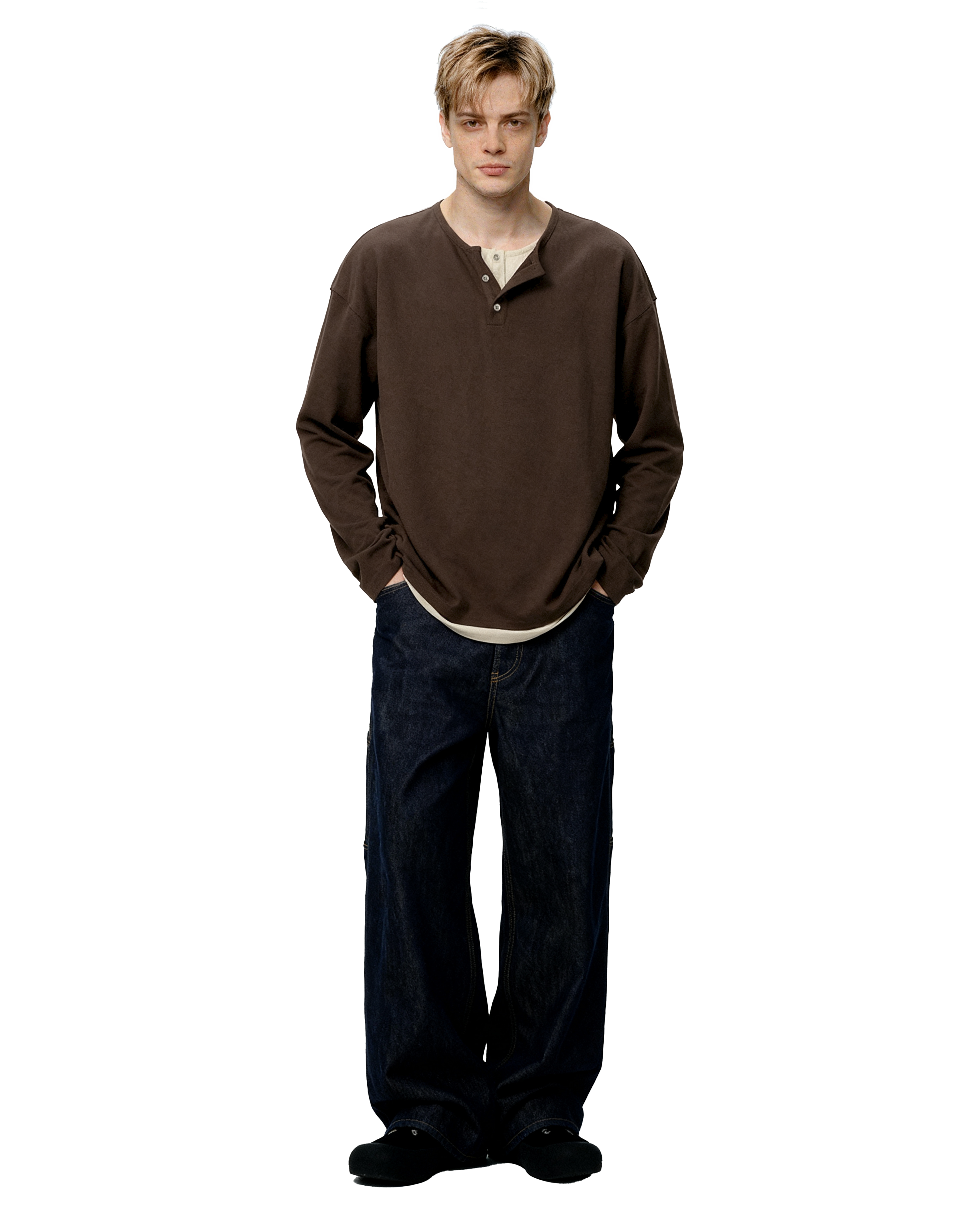 Oversized Mock-Layered Ribbed Knit Henley Top-4