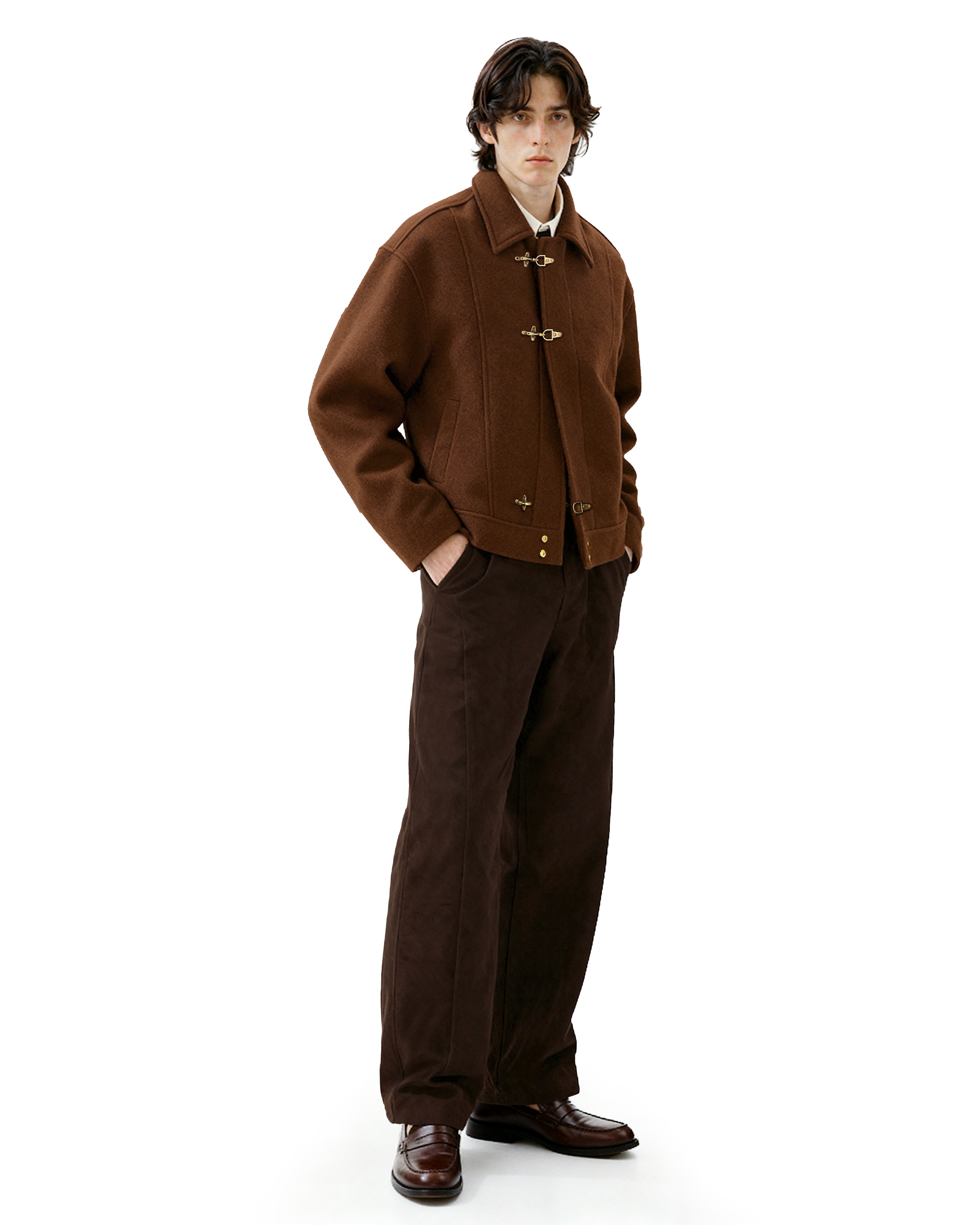 Wool-Blend Drop Shoulder Fireman Clasp Collared Jacket - nightcity clothing