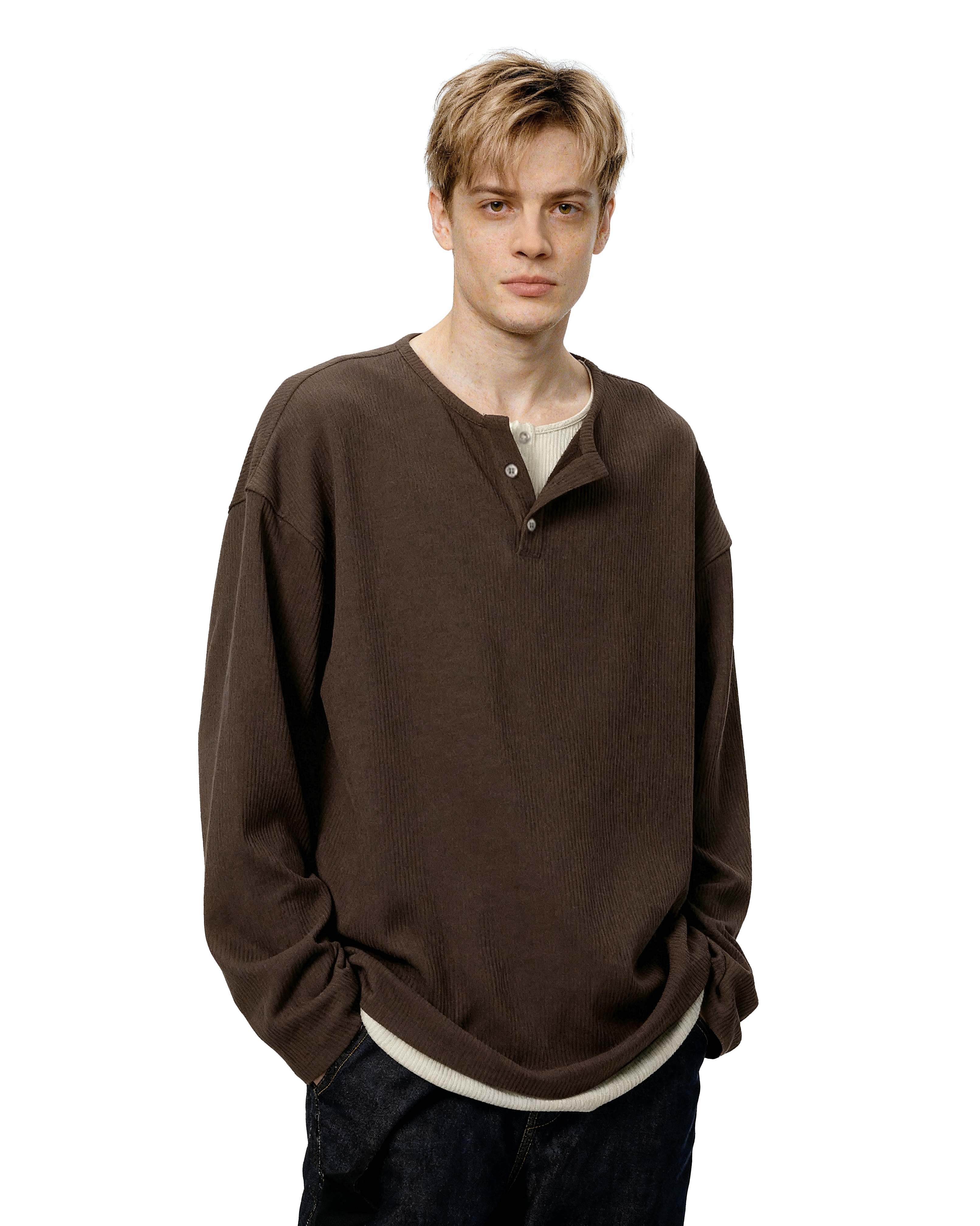 Oversized Mock-Layered Ribbed Knit Henley Top-3