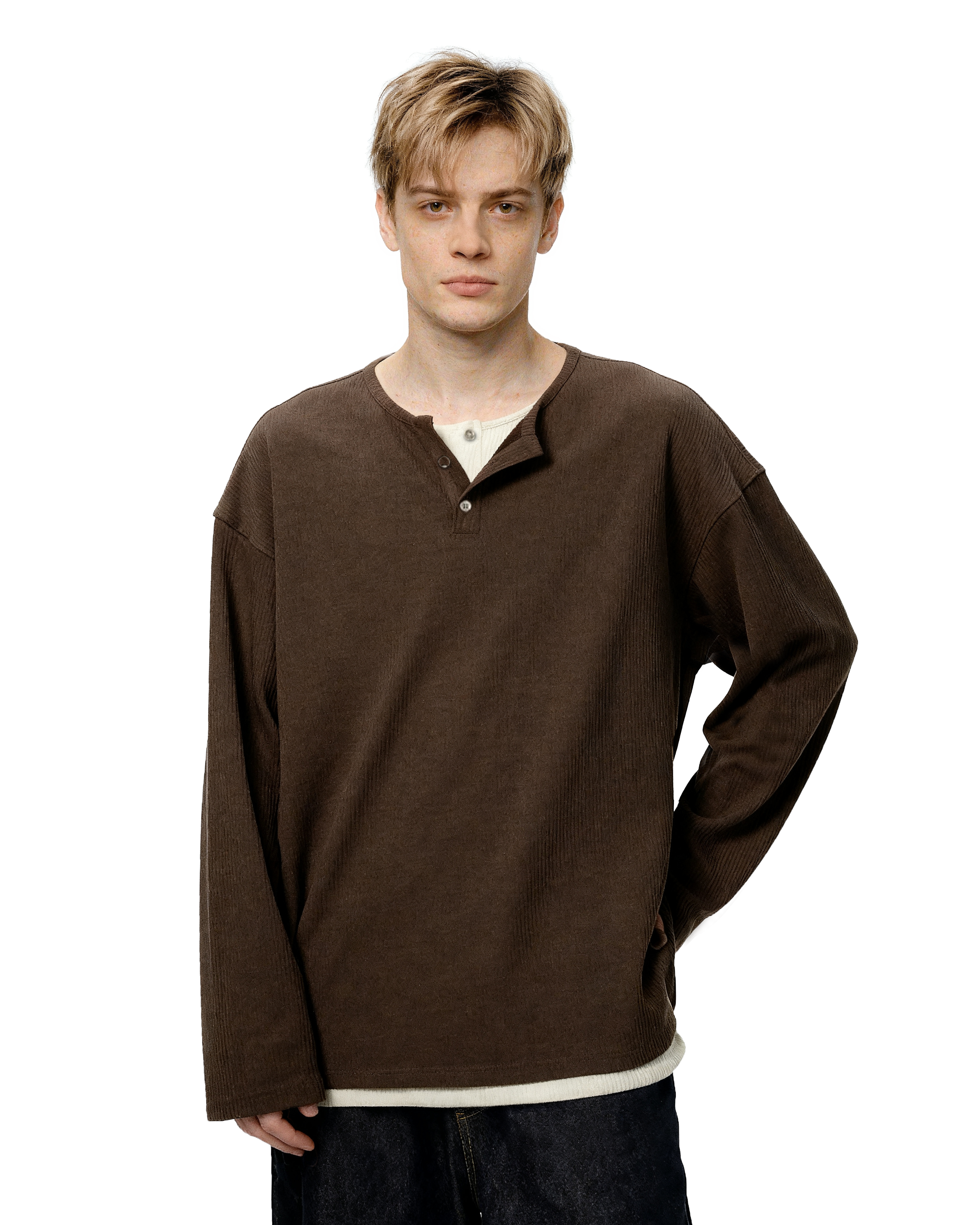 Oversized Mock-Layered Ribbed Knit Henley Top