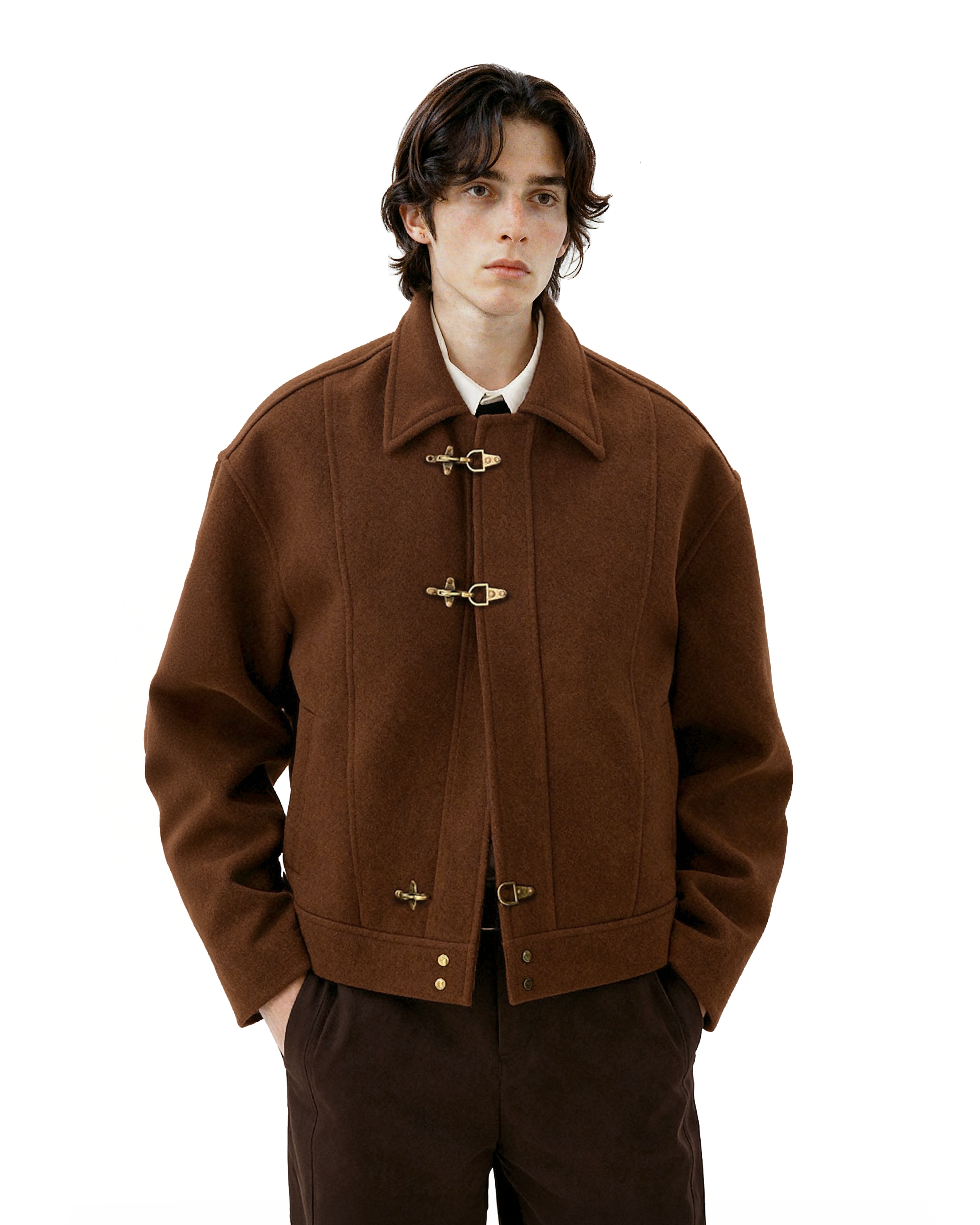 Wool-Blend Drop Shoulder Fireman Clasp Collared Jacket - nightcity clothing