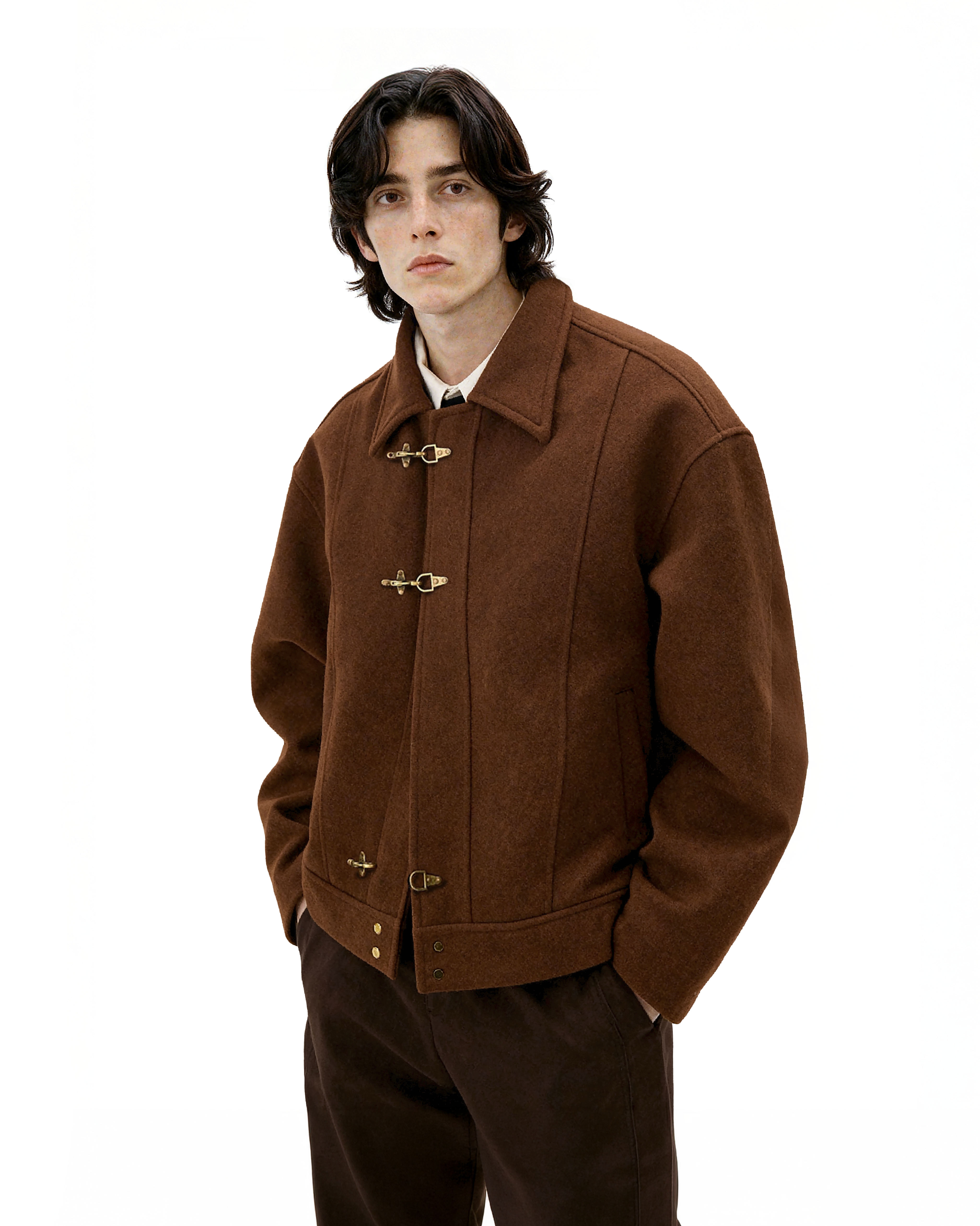 Wool-Blend Drop Shoulder Fireman Clasp Collared Jacket - nightcity clothing