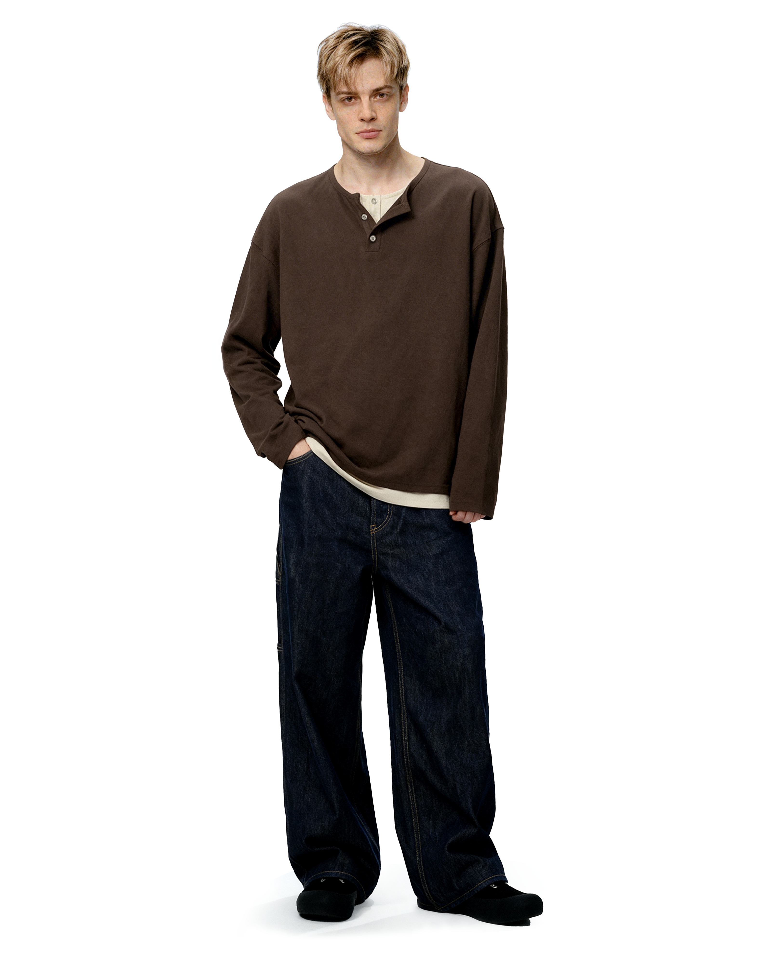 Oversized Mock-Layered Ribbed Knit Henley Top-5