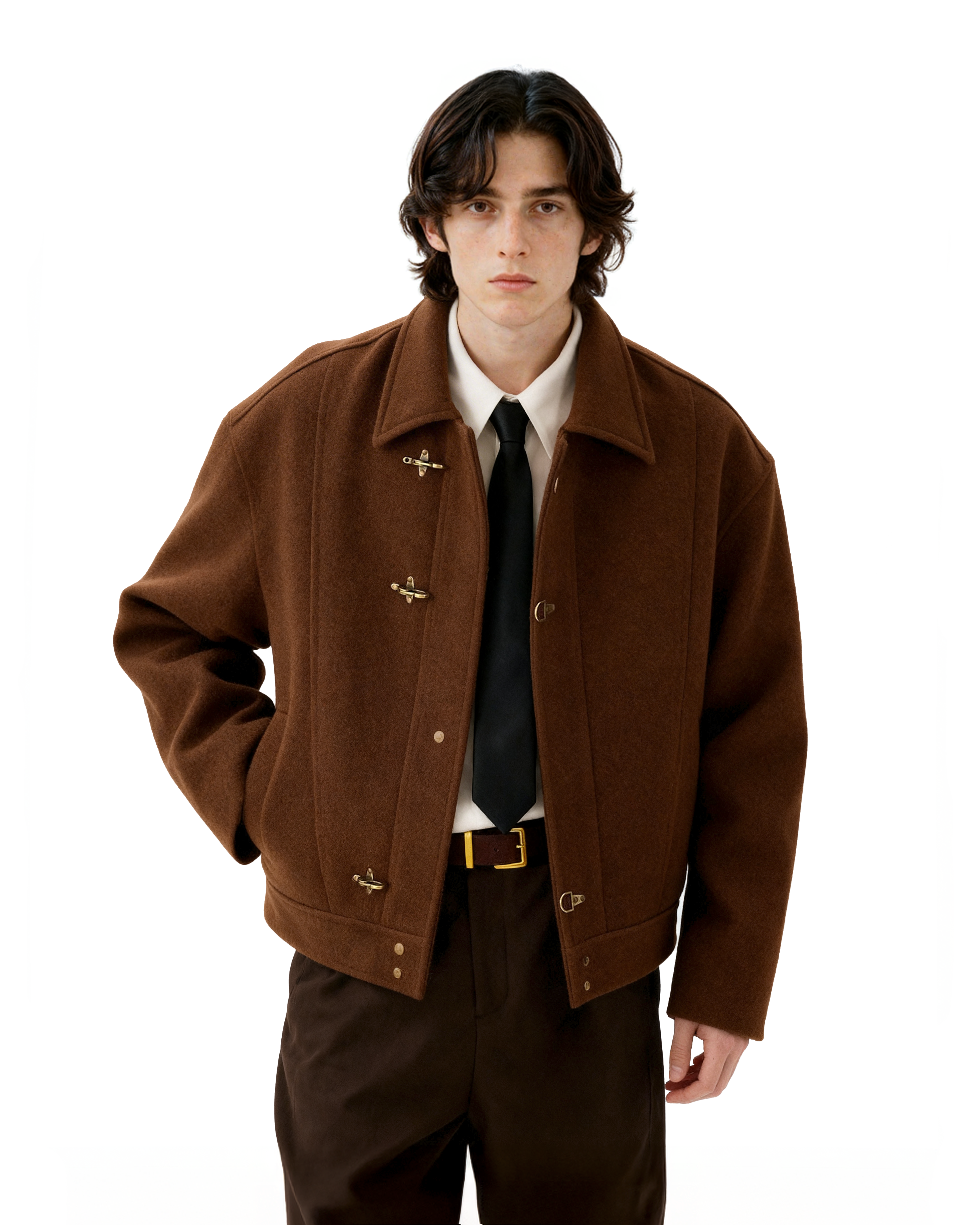 Wool-Blend Drop Shoulder Fireman Clasp Collared Jacket - nightcity clothing