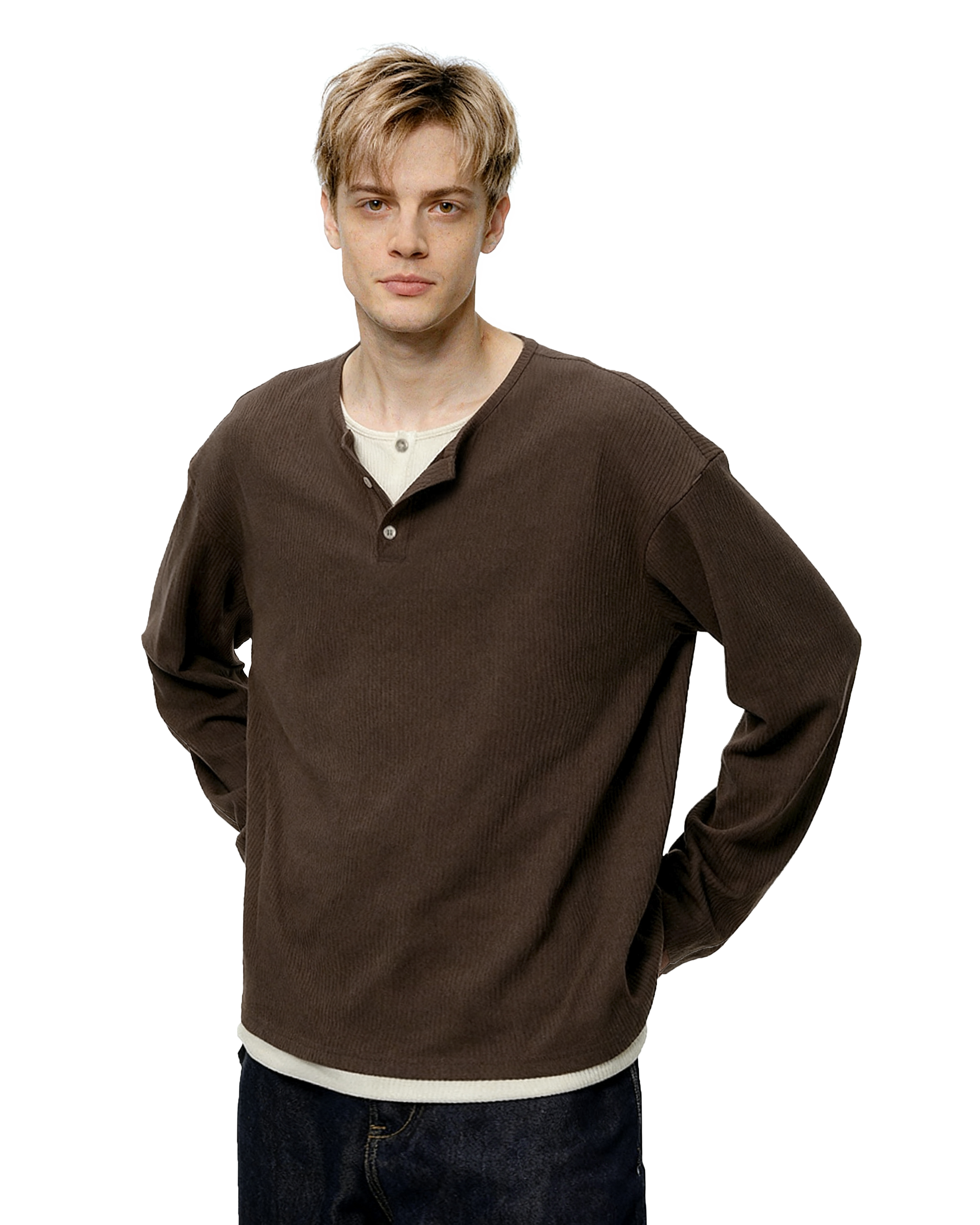 Oversized Mock-Layered Ribbed Knit Henley Top-2
