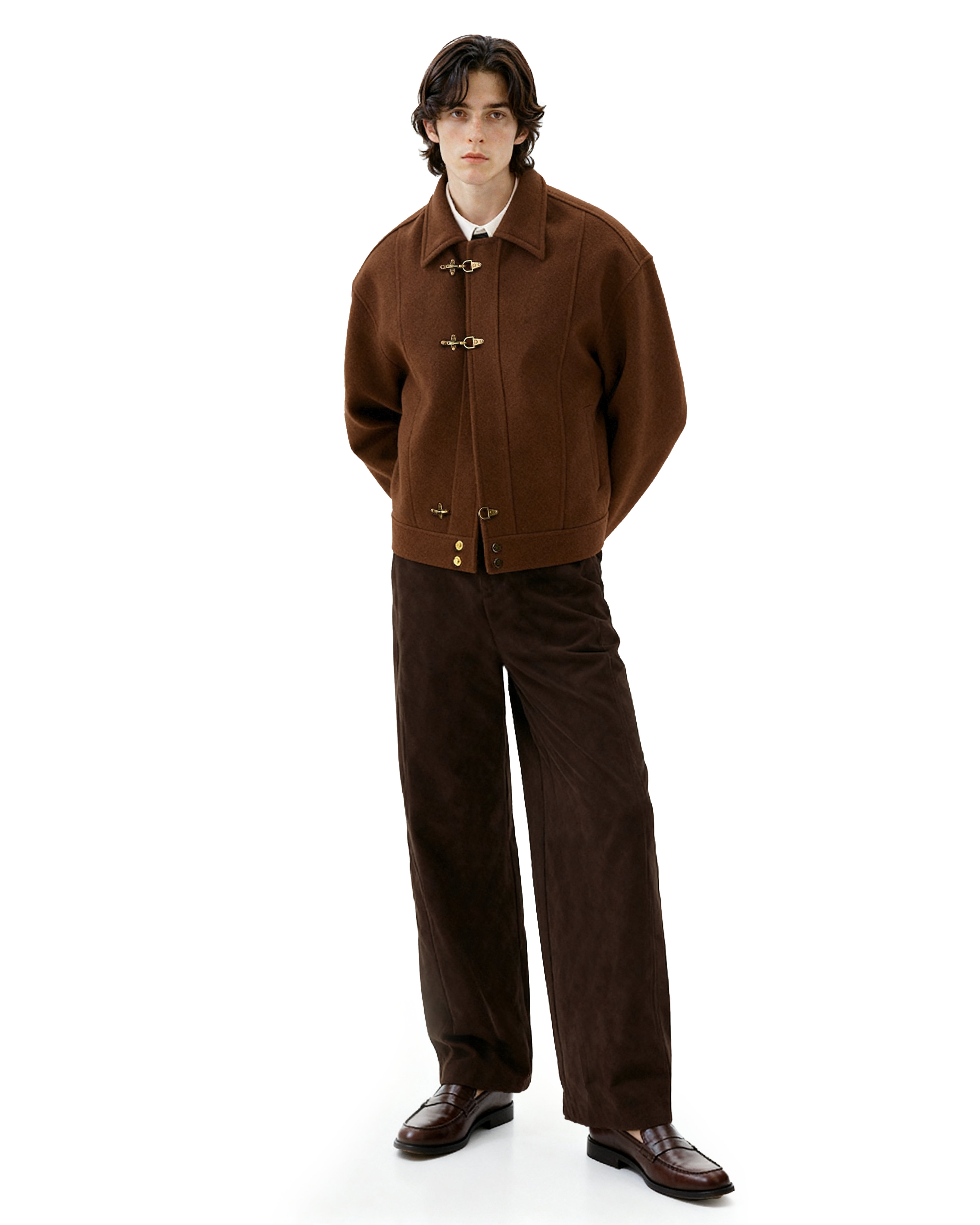 Wool-Blend Drop Shoulder Fireman Clasp Collared Jacket - nightcity clothing