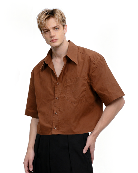 Oversized Short Sleeve Mid-Crop Shirt with Chest Pocket Detail