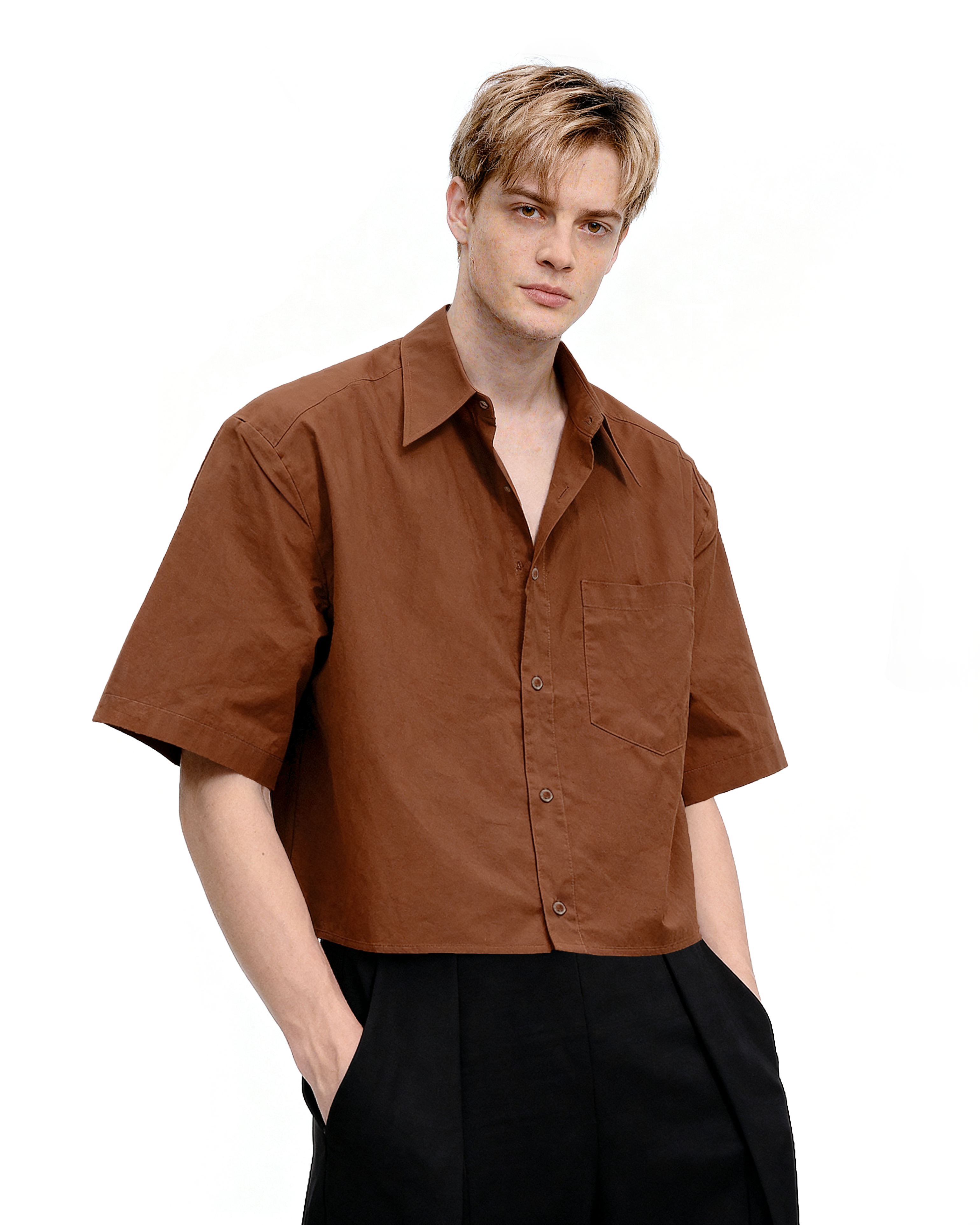 Oversized Short Sleeve Mid-Crop Shirt with Chest Pocket Detail-3