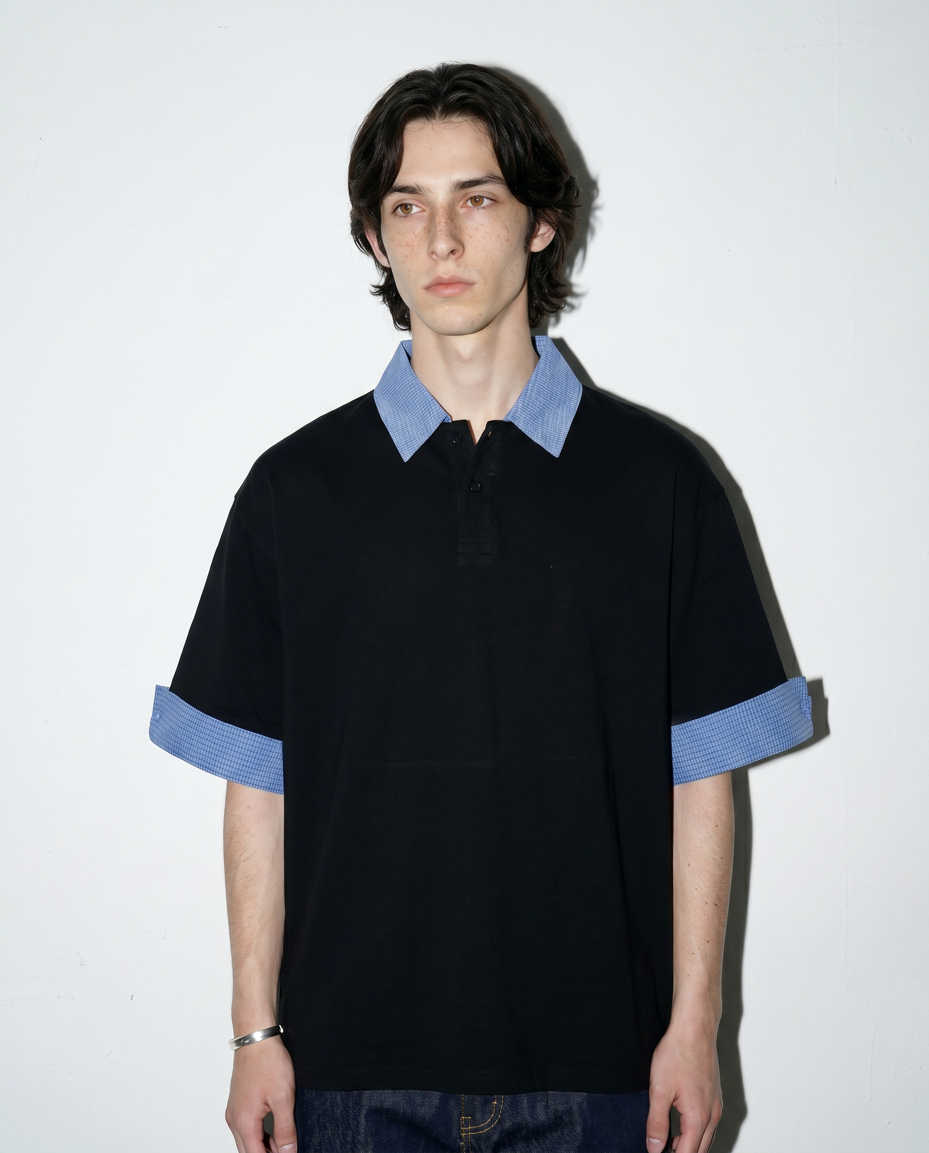 Contrast Plaid Collar Short Sleeve Polo Shirt-7