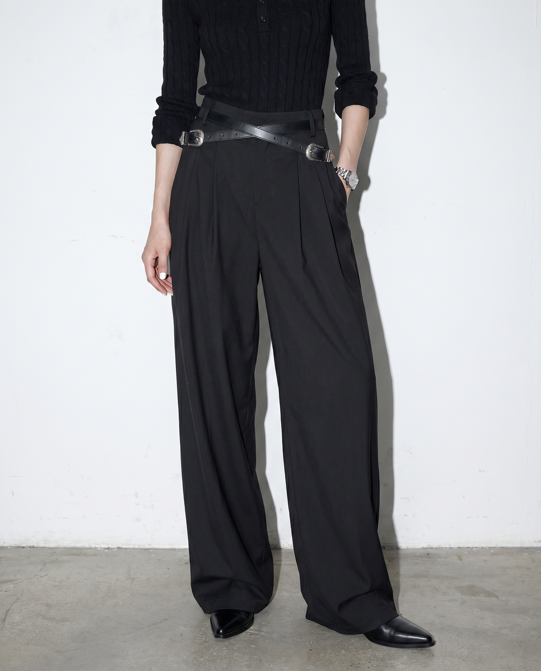 Crisscross Belt High Waist Pleated Pants-6