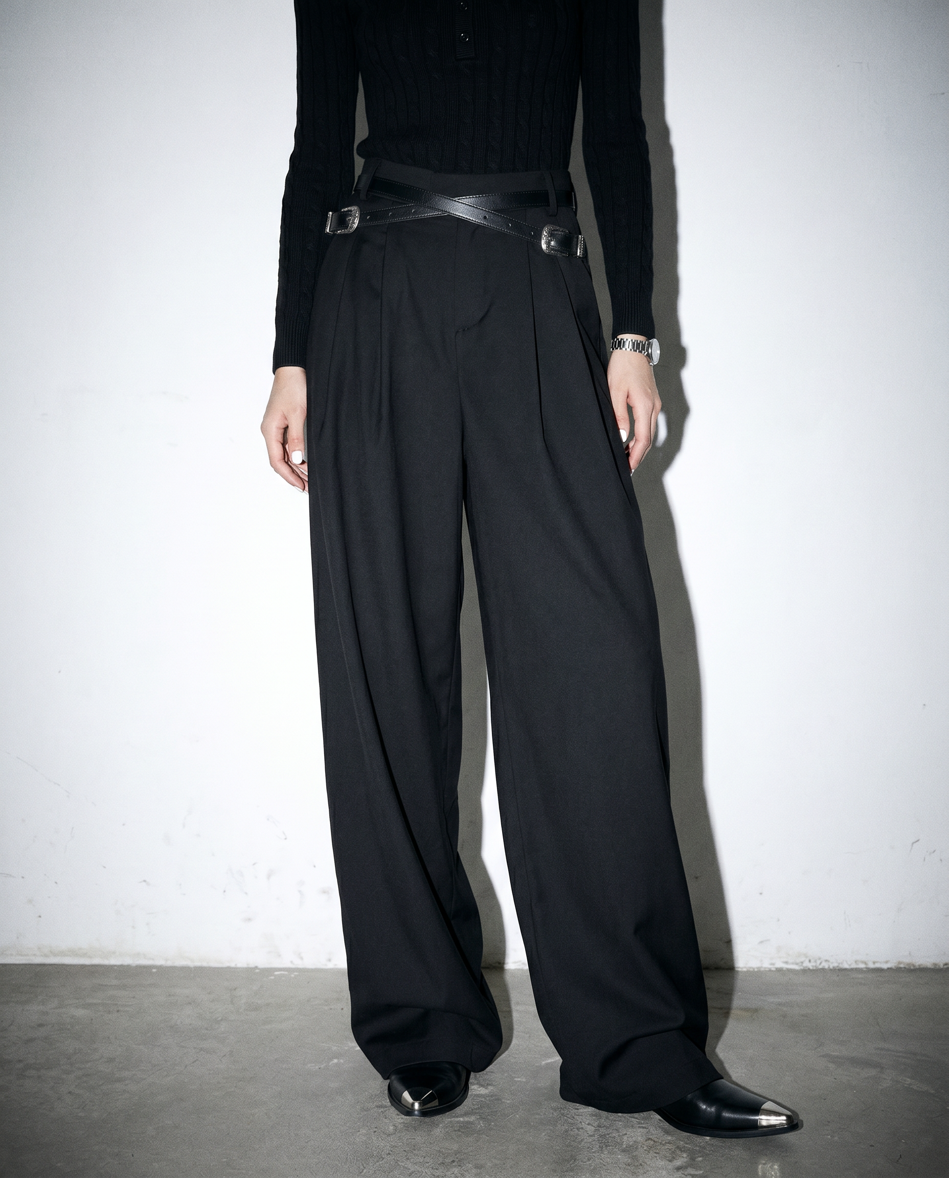 Crisscross Belt High Waist Pleated Pants-5
