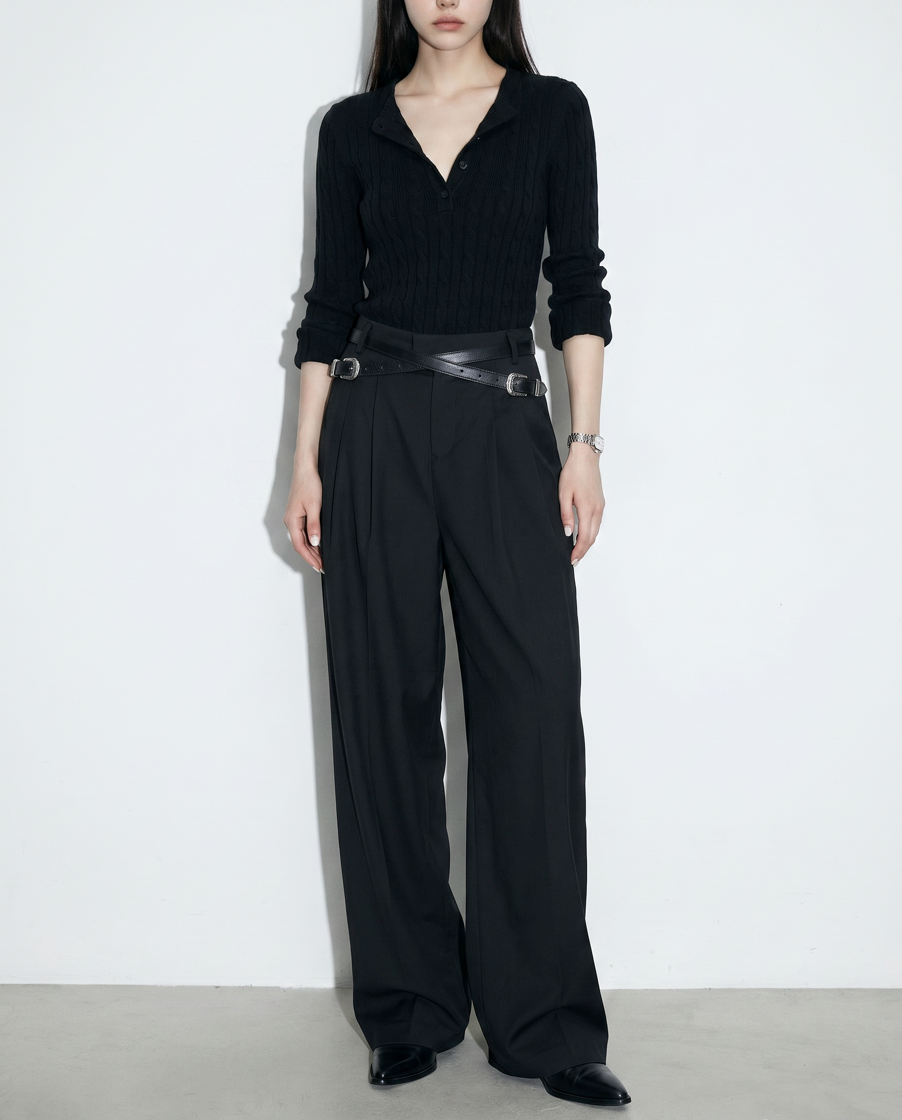 Crisscross Belt High Waist Pleated Pants-7