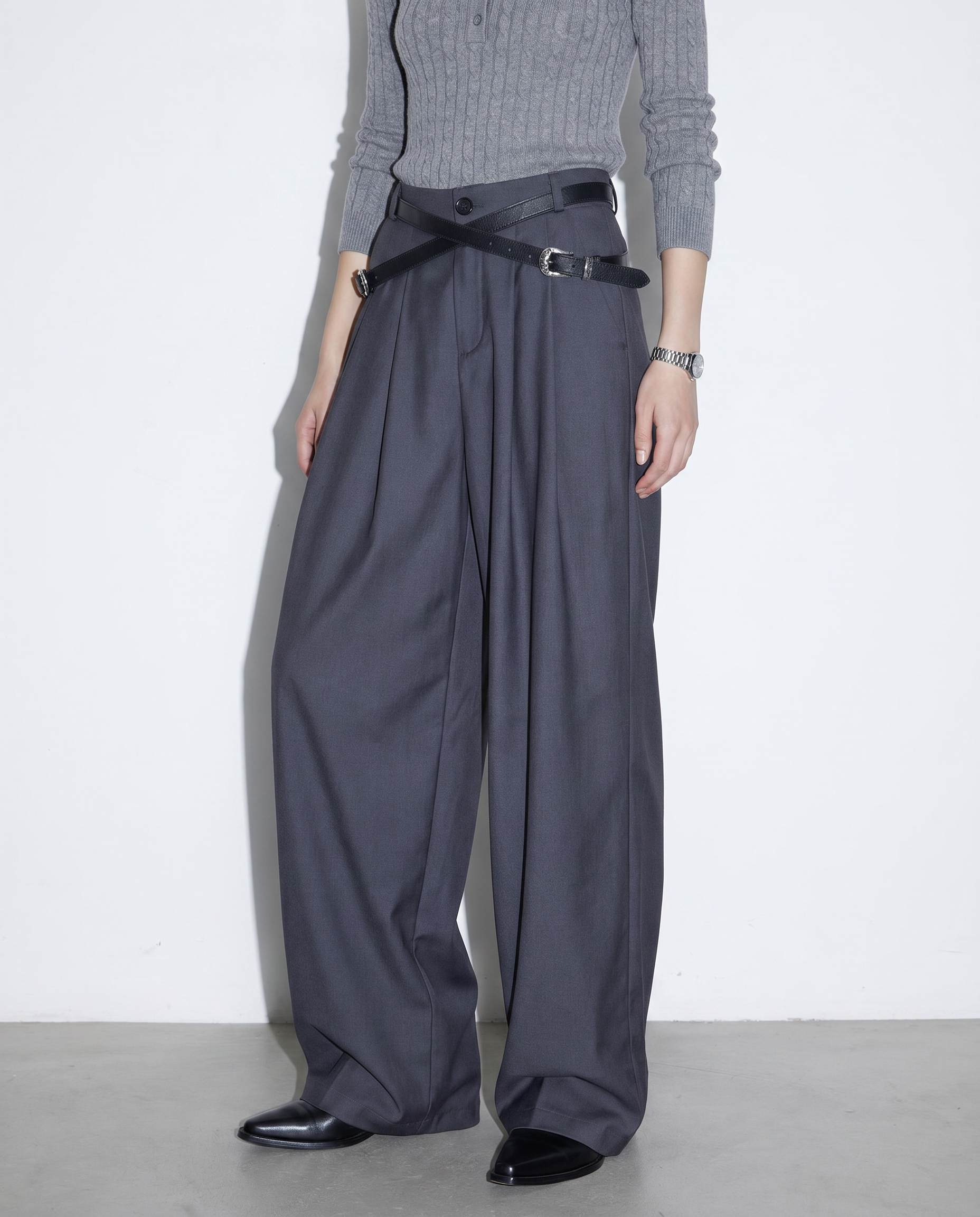 Crisscross Belt High Waist Pleated Pants-12