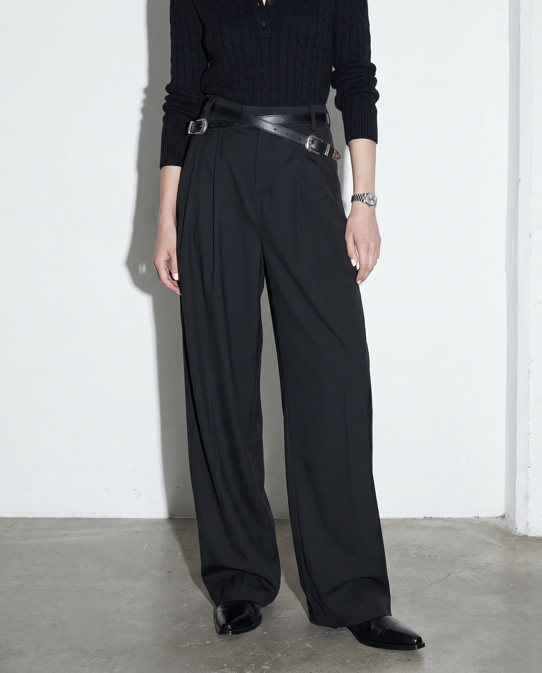 Crisscross Belt High Waist Pleated Pants