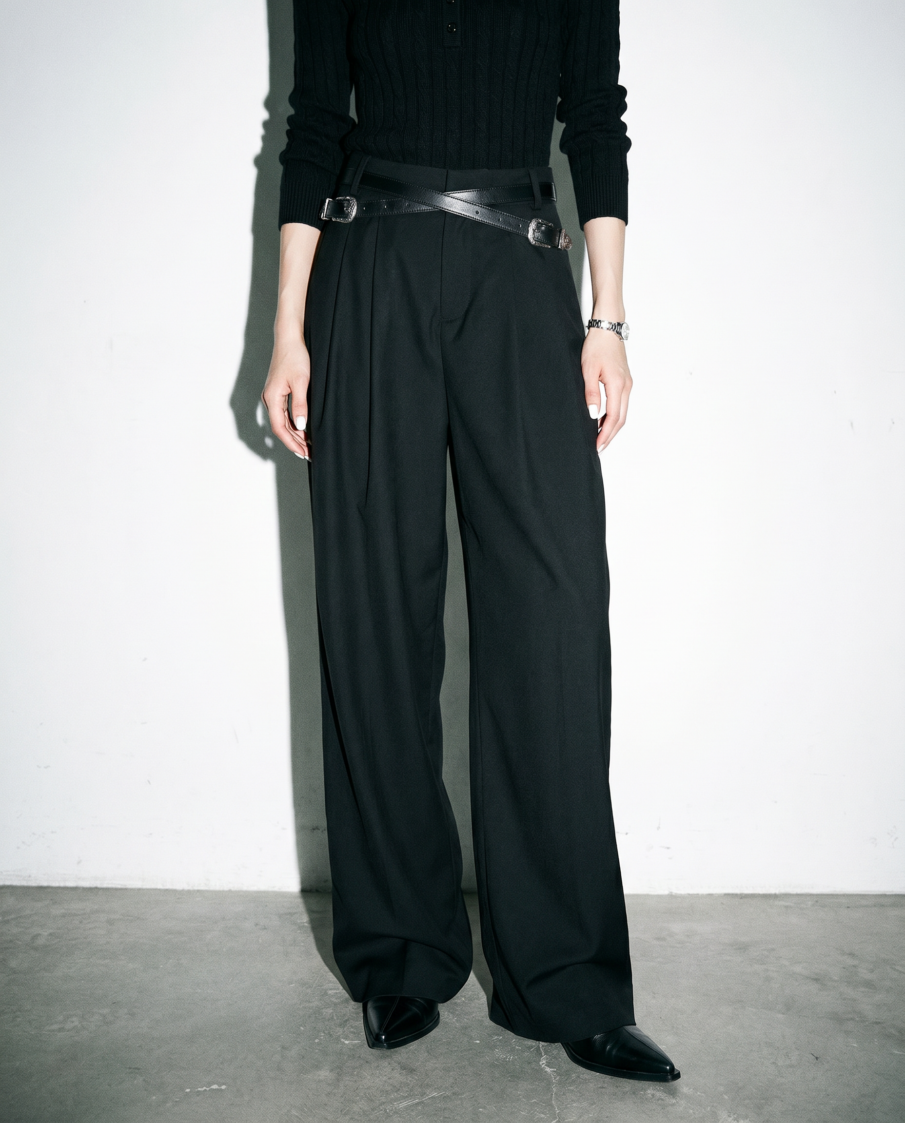 Crisscross Belt High Waist Pleated Pants-4