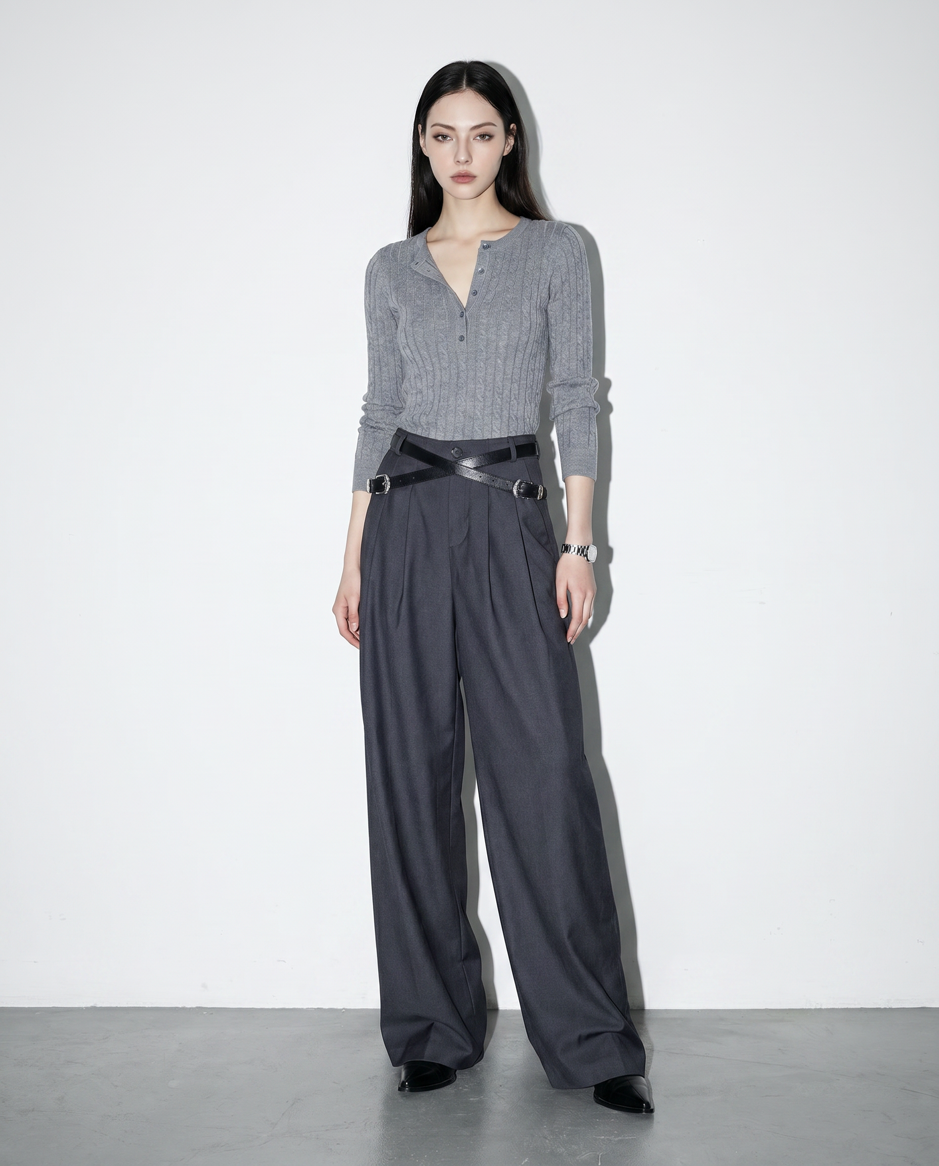 Crisscross Belt High Waist Pleated Pants-17