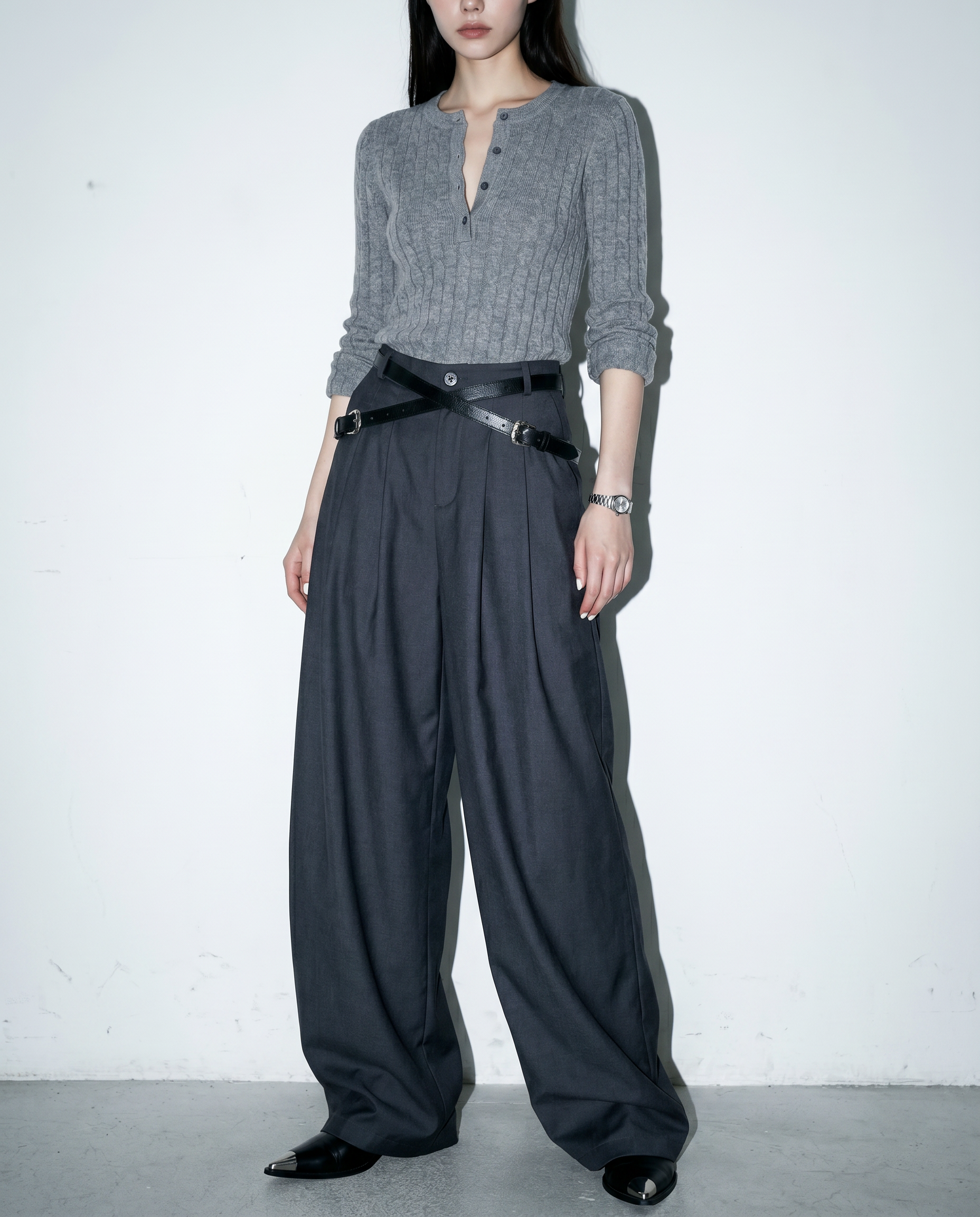 Crisscross Belt High Waist Pleated Pants-16