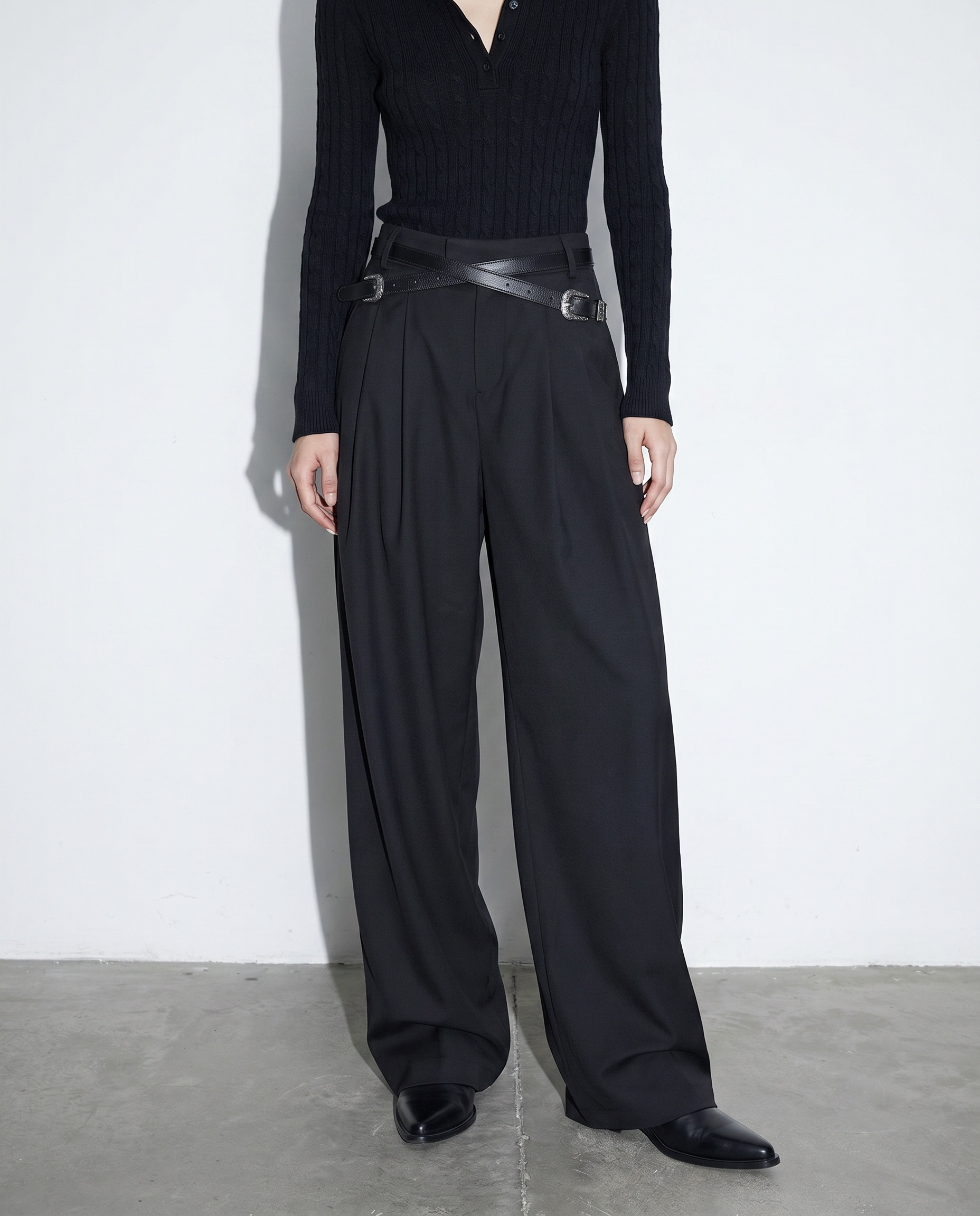 Crisscross Belt High Waist Pleated Pants