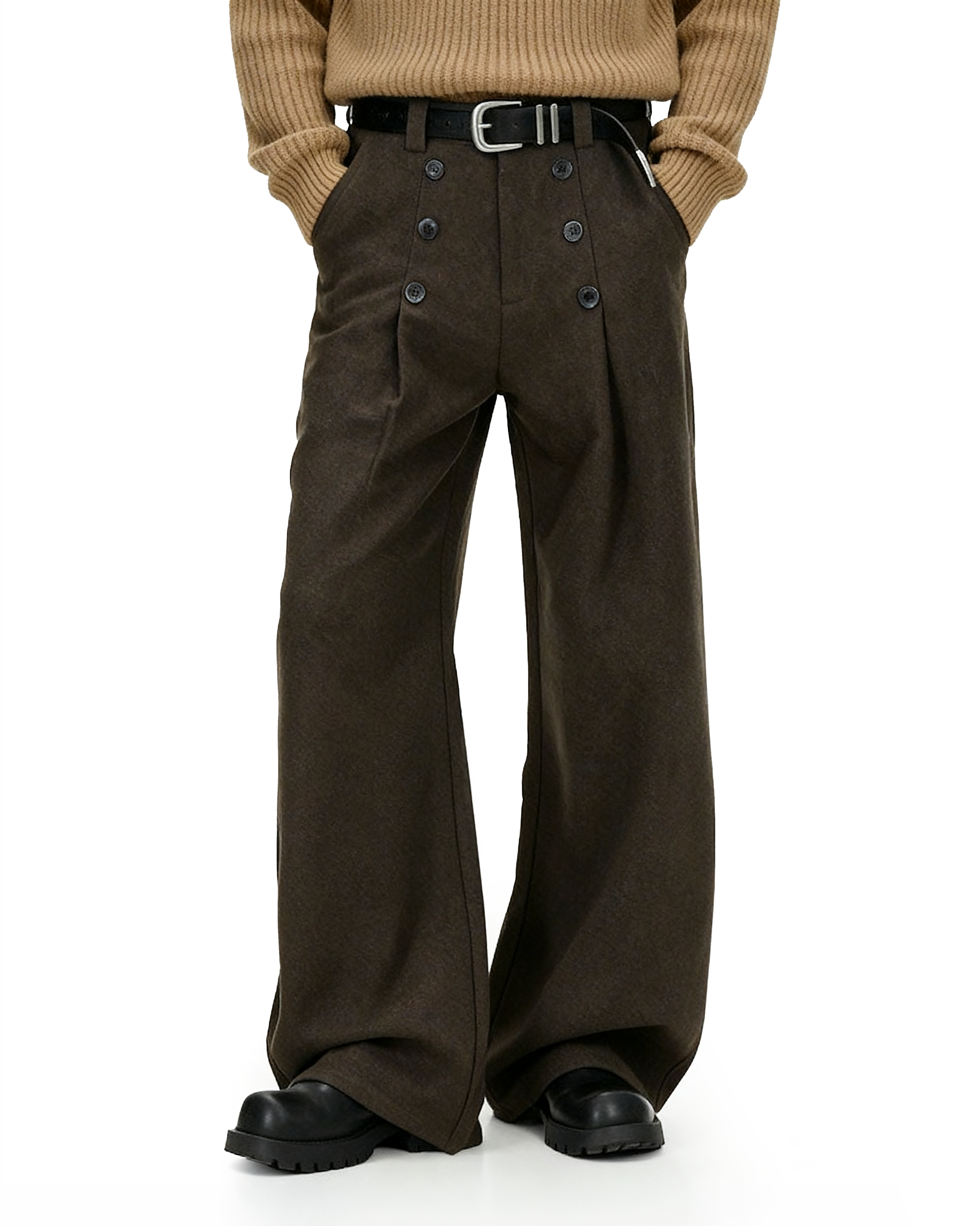 High-Waisted Pleated Wide Leg Trousers with Button Details-10