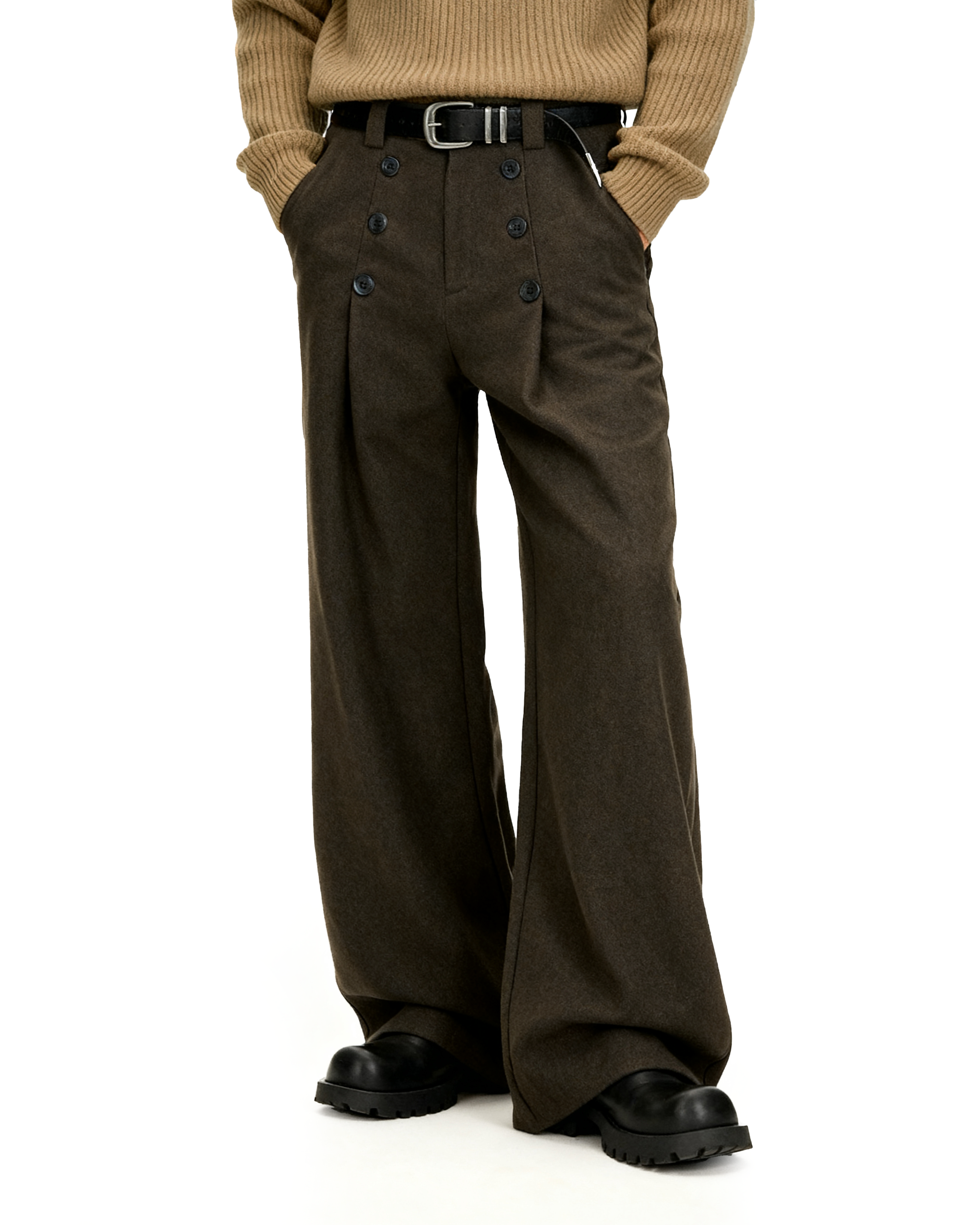 High-Waisted Pleated Wide Leg Trousers with Button Details-13