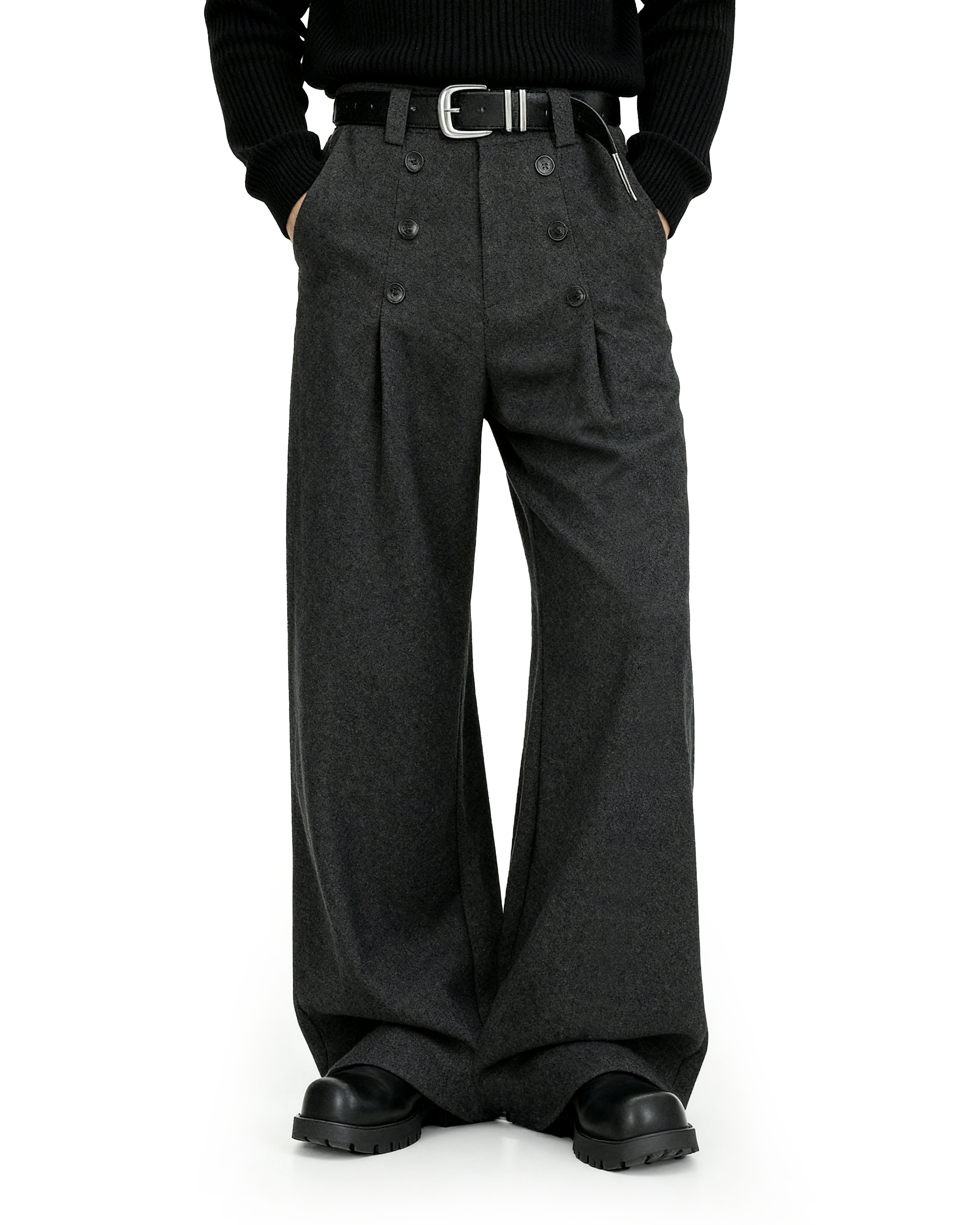 High-Waisted Pleated Wide Leg Trousers with Button Details