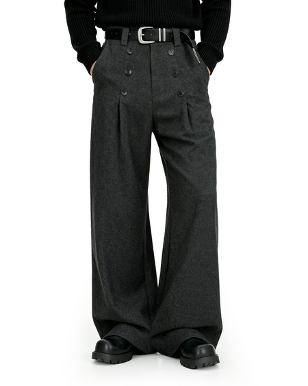High-Waisted Pleated Wide Leg Trousers with Button Details