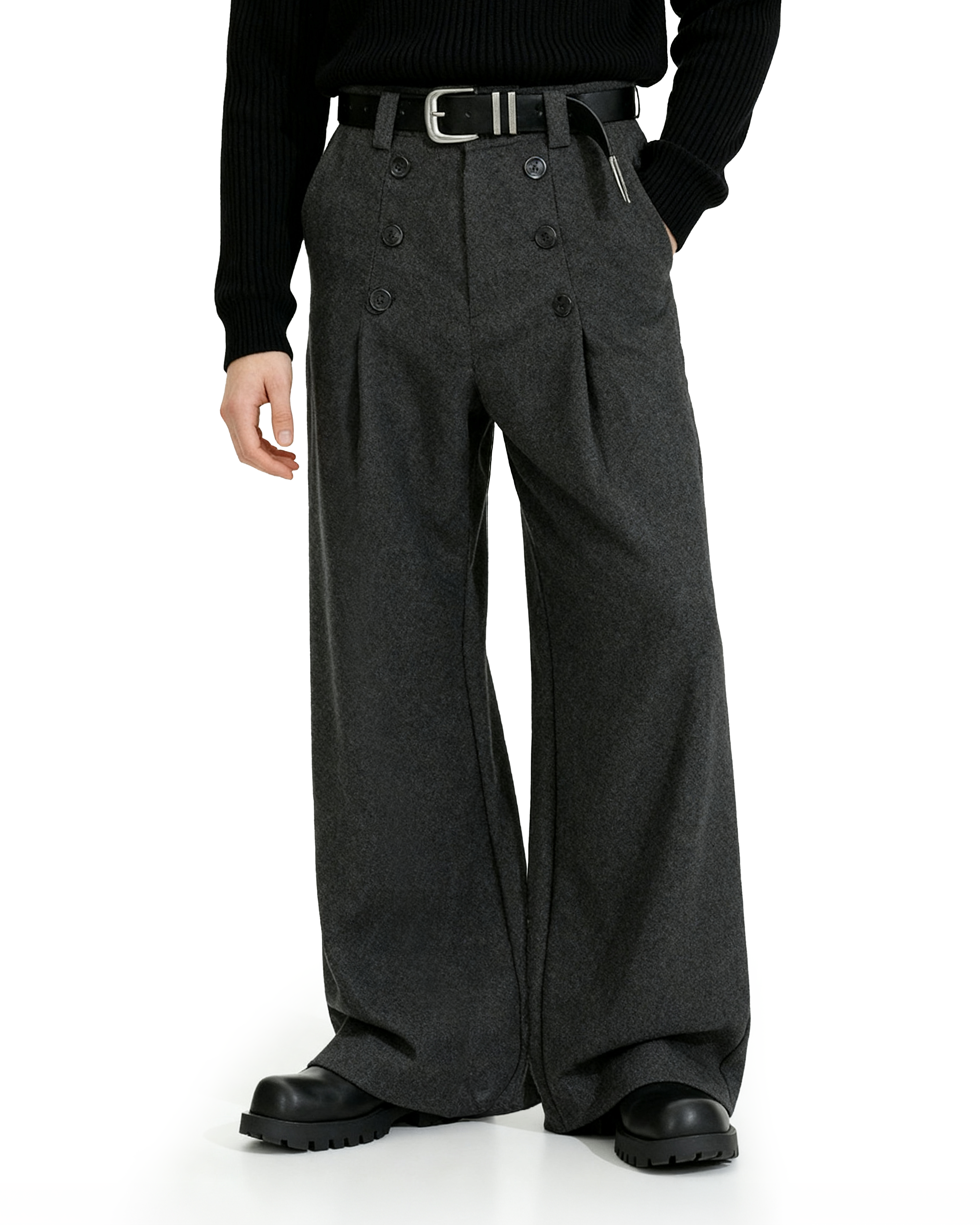 High-Waisted Pleated Wide Leg Trousers with Button Details-2