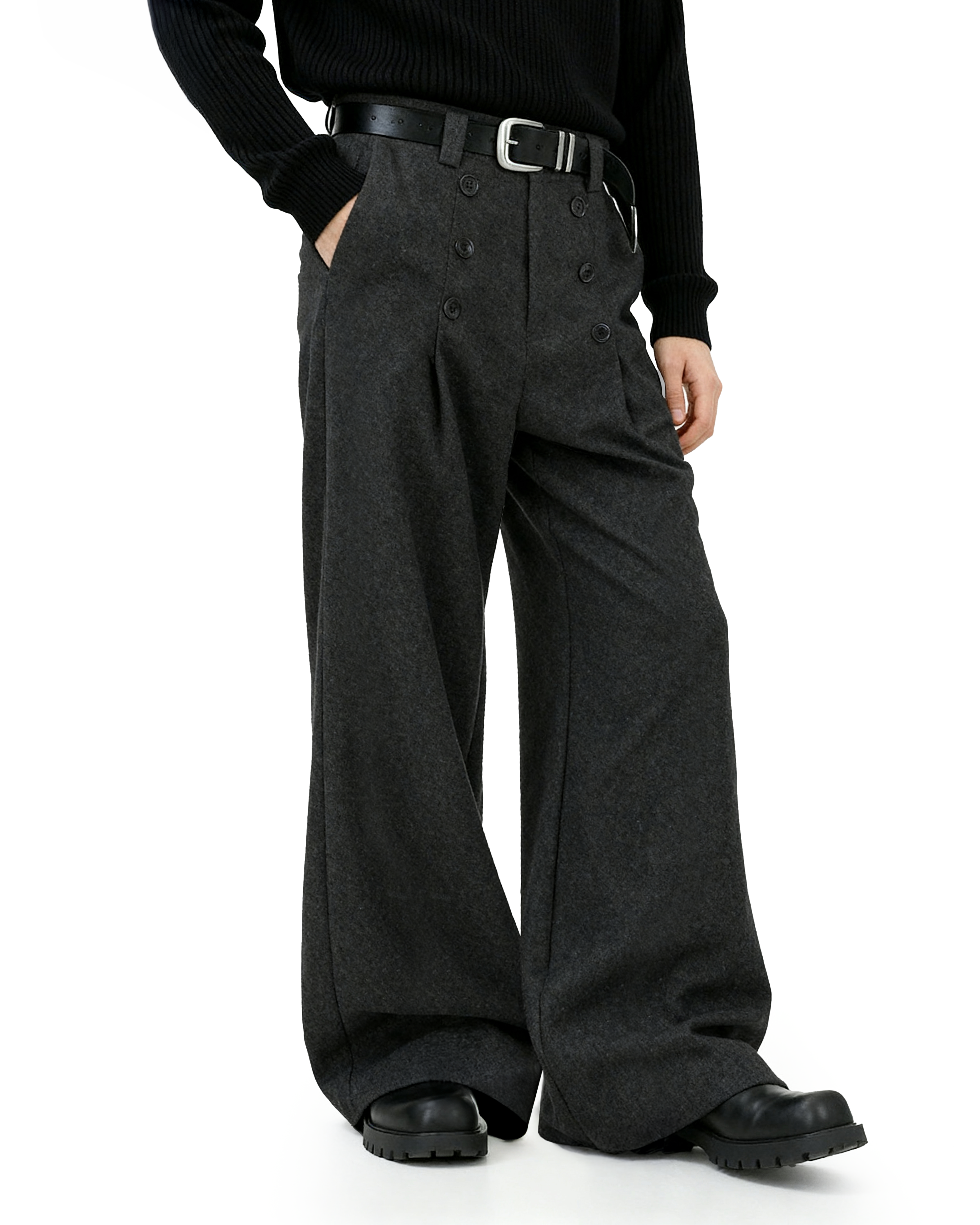 High-Waisted Pleated Wide Leg Trousers with Button Details-3