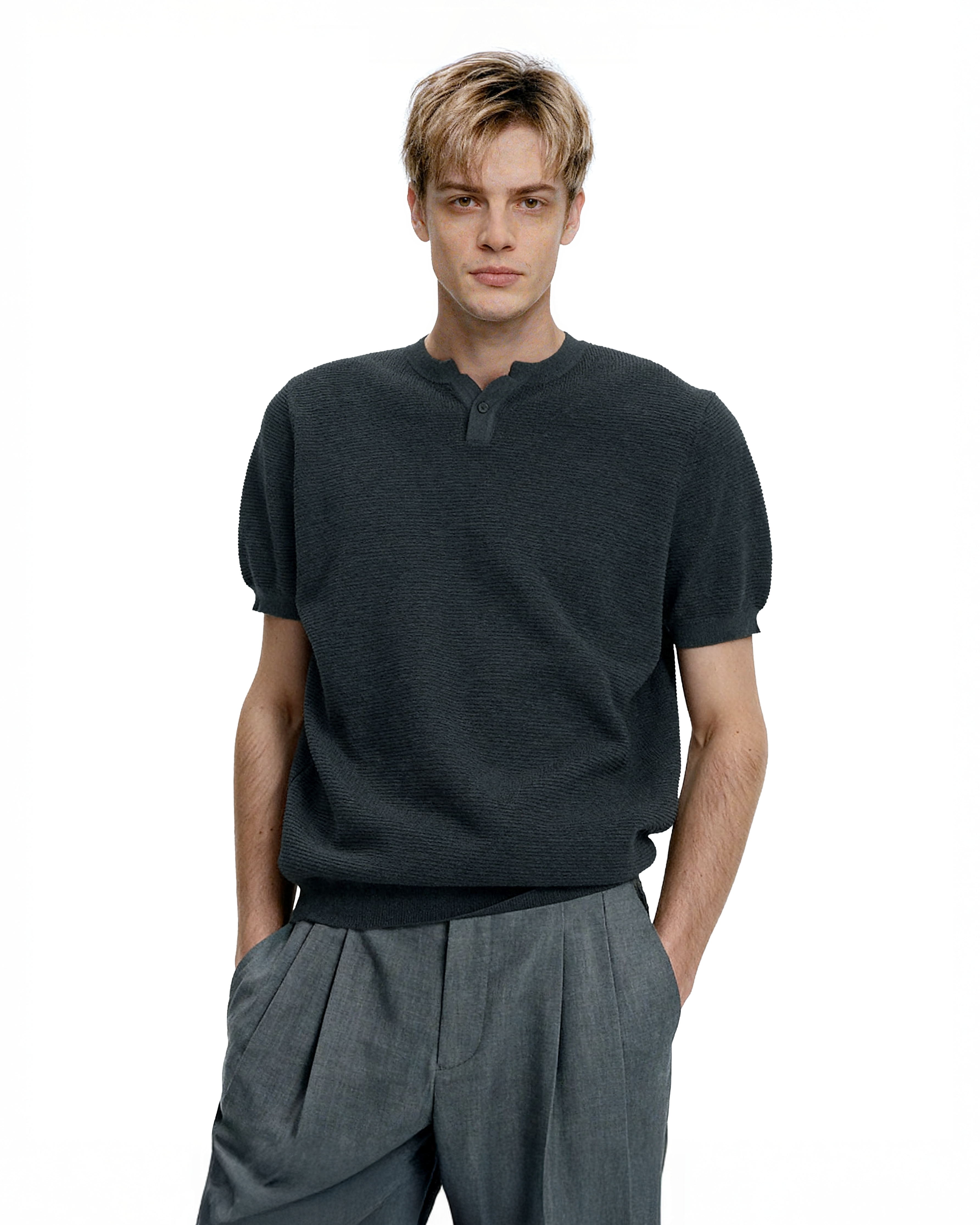 Waffle Textured Short Sleeve Henley Knit Lightweight Top - nightcity clothing