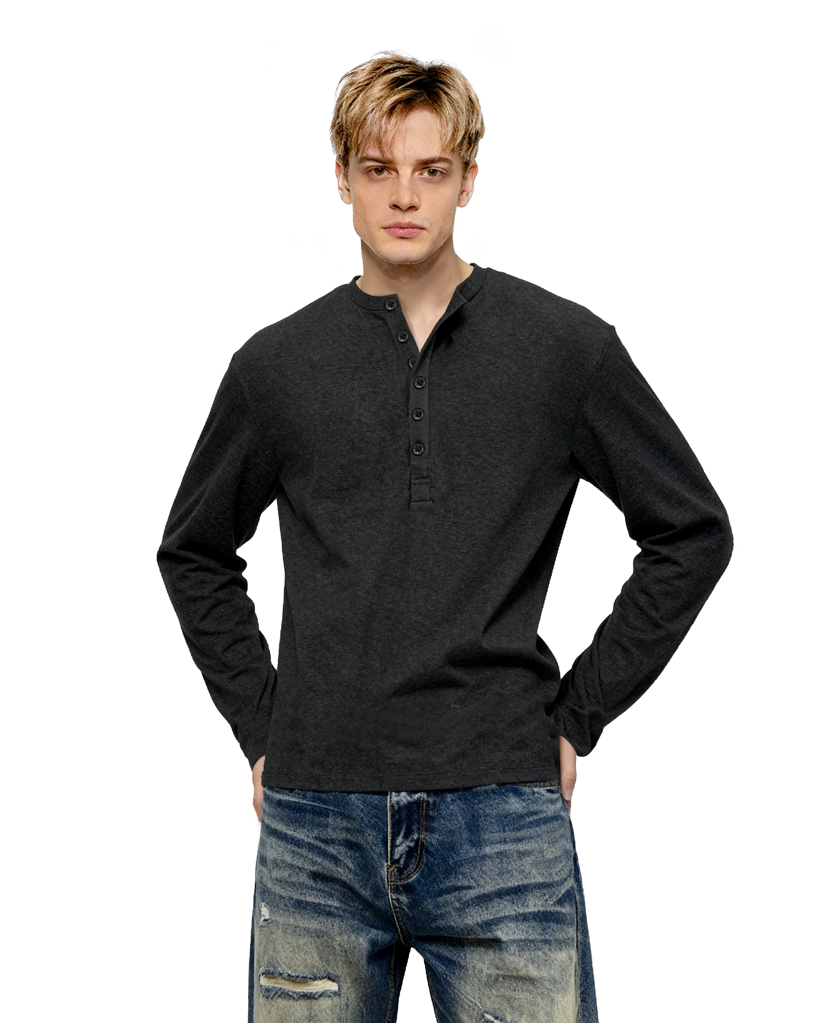 Slim Fit Mid-Crop Long Sleeve Henley T-Shirt-12