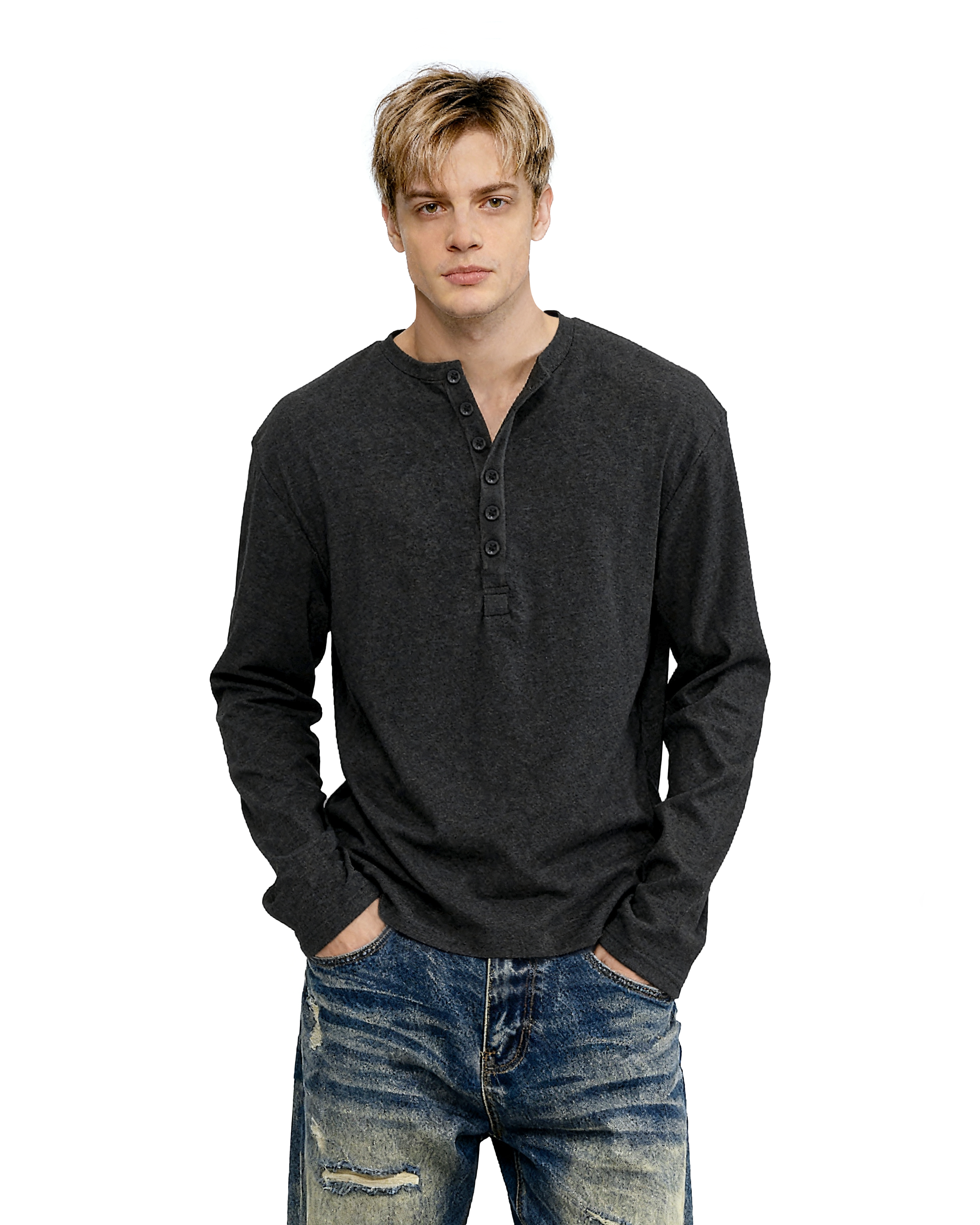 Slim Fit Mid-Crop Long Sleeve Henley T-Shirt-11