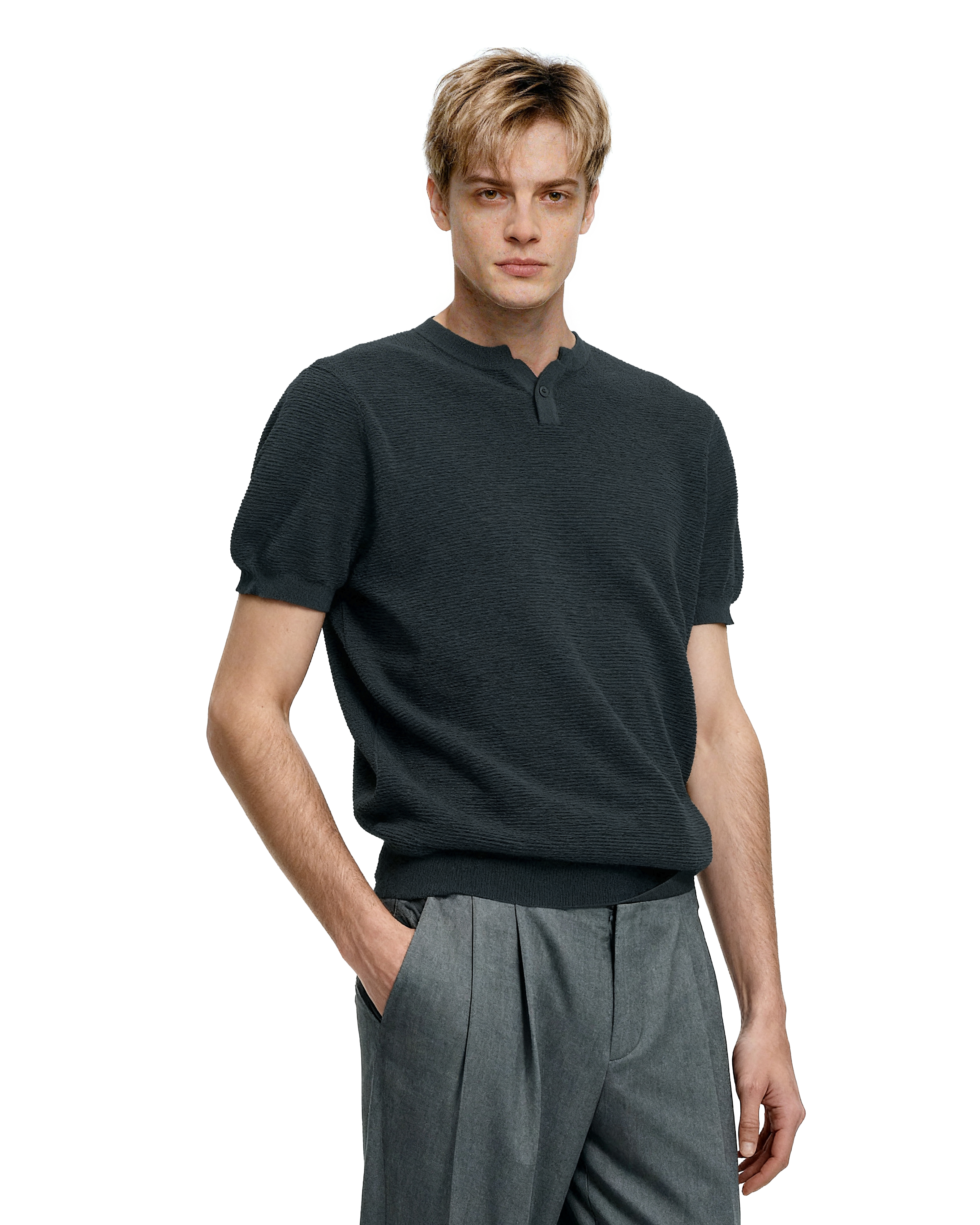 Waffle Textured Short Sleeve Henley Knit Lightweight Top - nightcity clothing