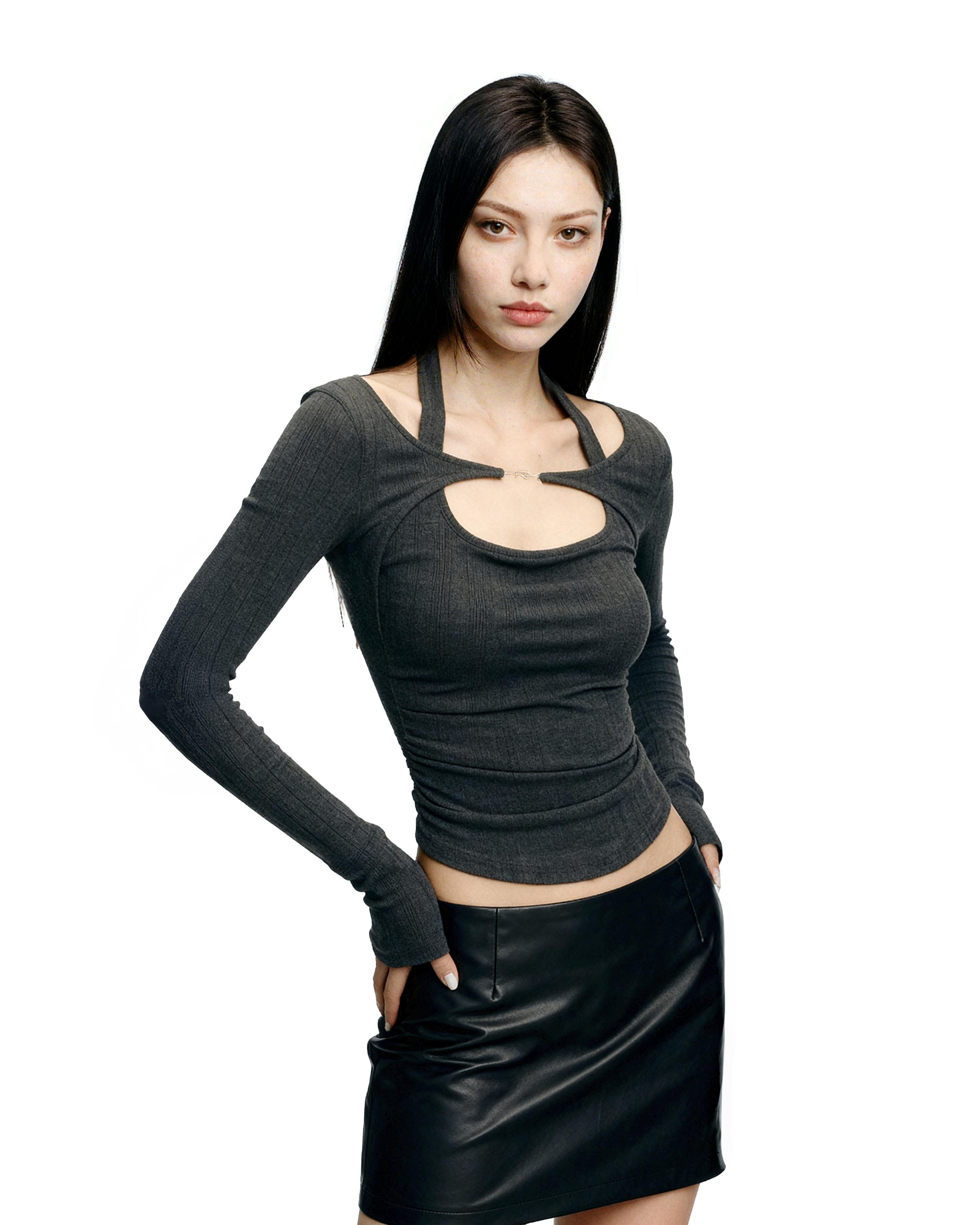 Halter Cutout-Layered Ribbed Long Sleeve Top - nightcity clothing