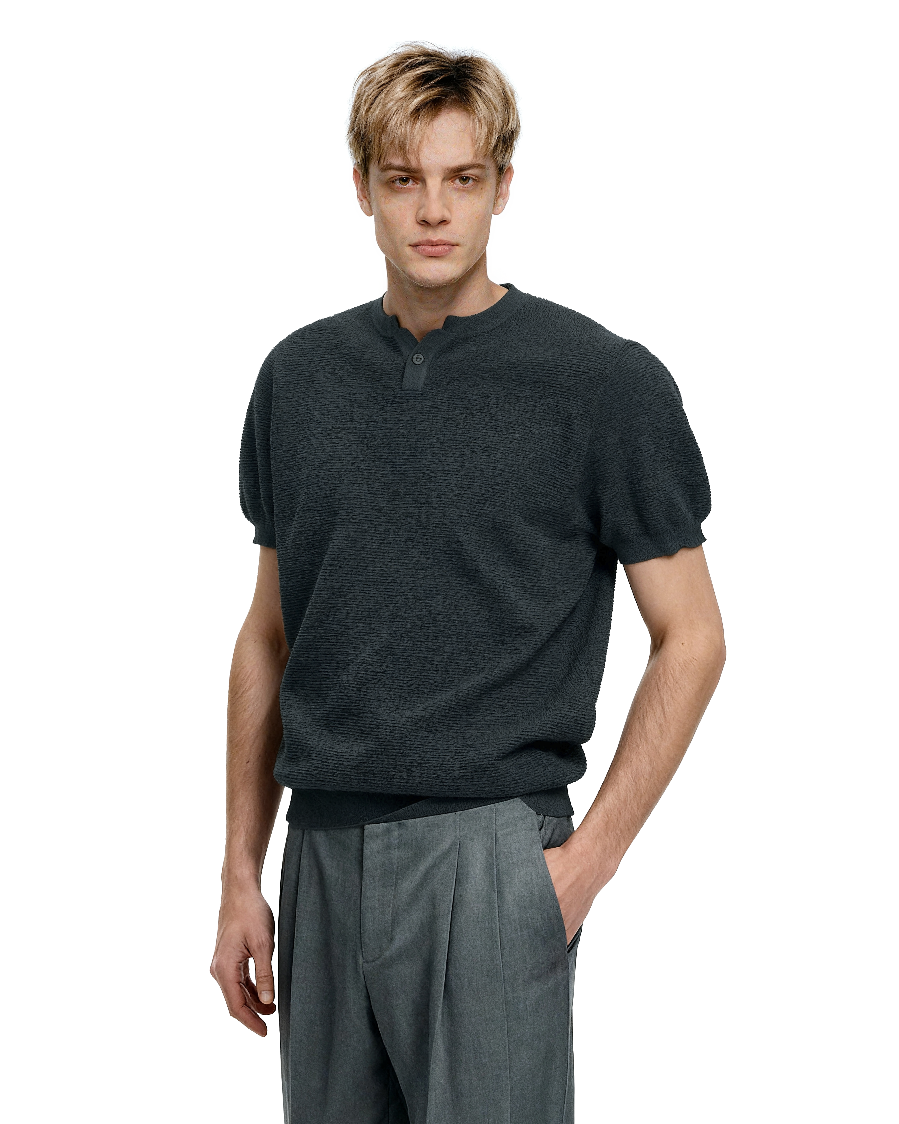 Waffle Textured Short Sleeve Henley Knit Lightweight Top - nightcity clothing