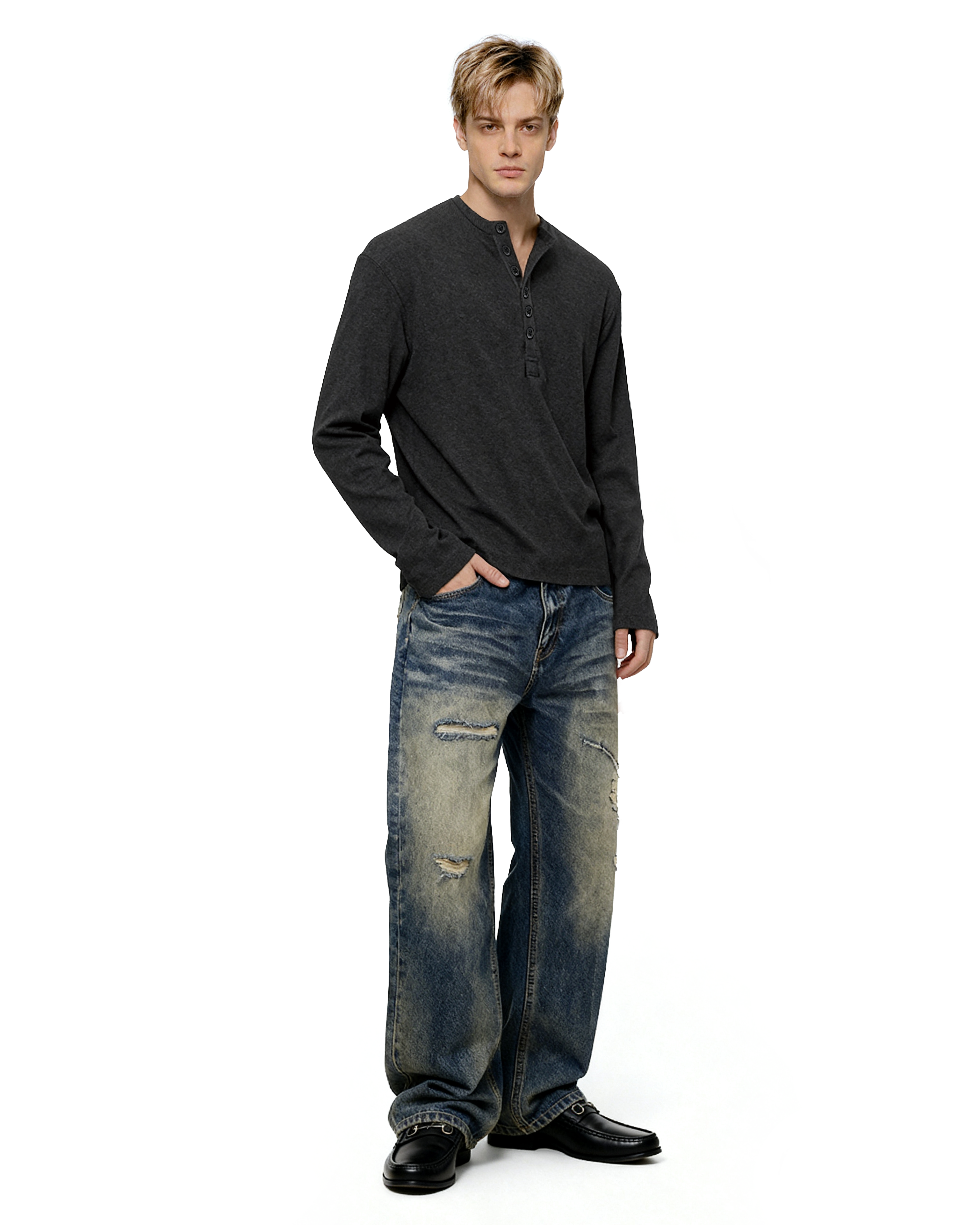Slim Fit Mid-Crop Long Sleeve Henley T-Shirt-15