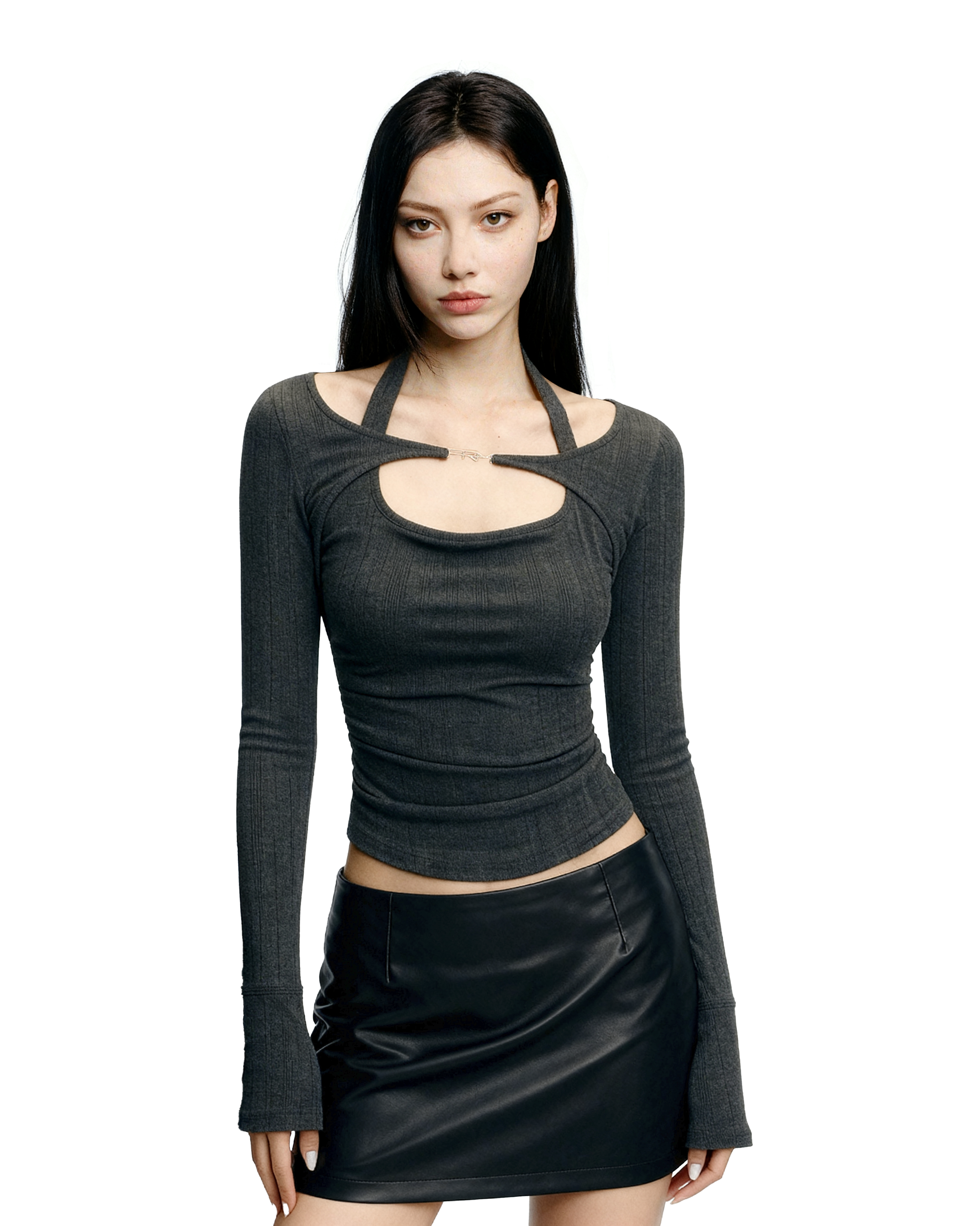 Halter Cutout-Layered Ribbed Long Sleeve Top - nightcity clothing