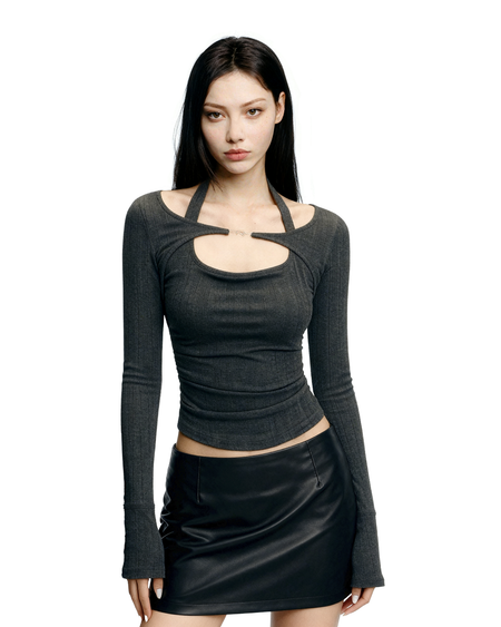 Halter Cutout-Layered Ribbed Long Sleeve Top - nightcity clothing