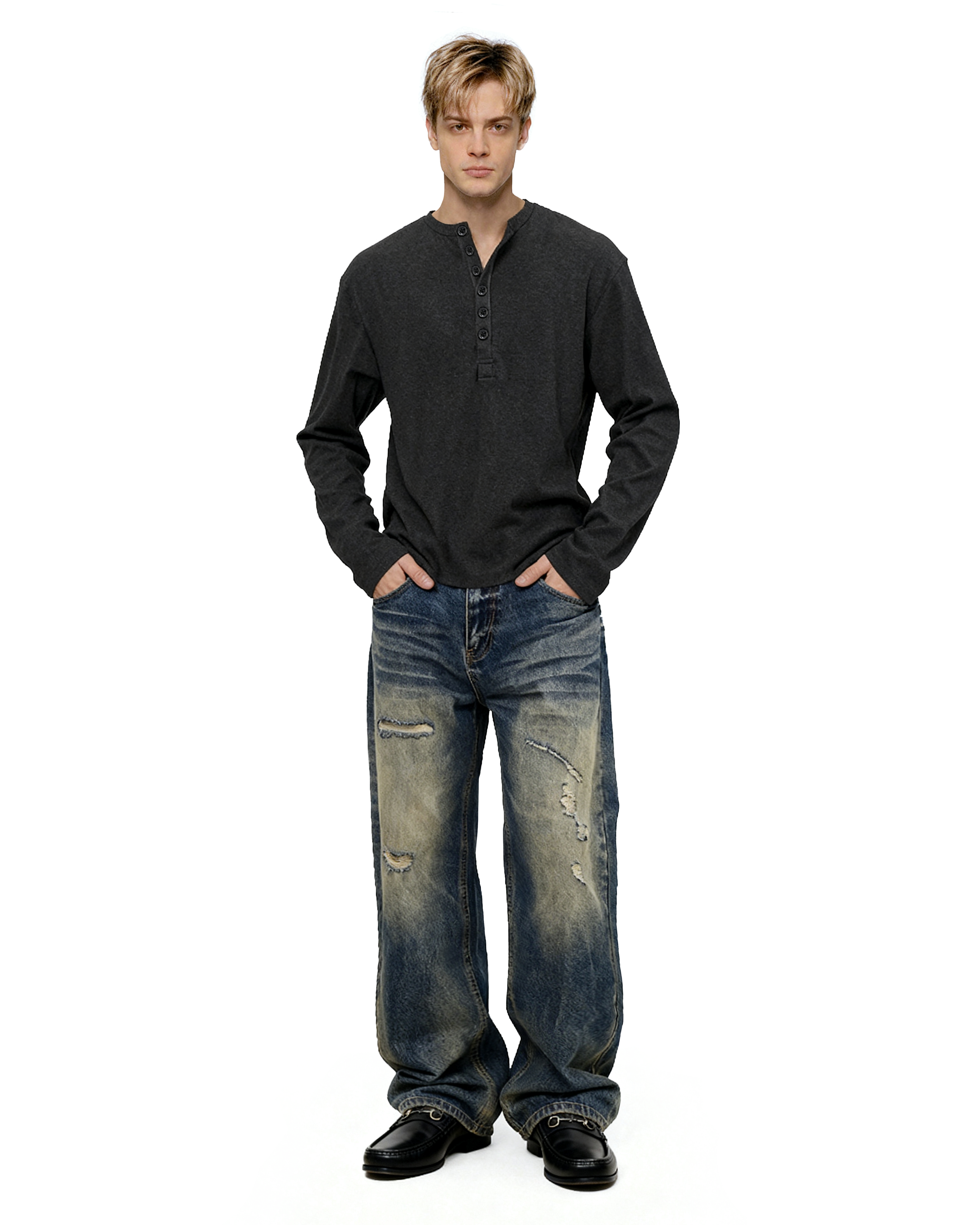 Slim Fit Mid-Crop Long Sleeve Henley T-Shirt-14