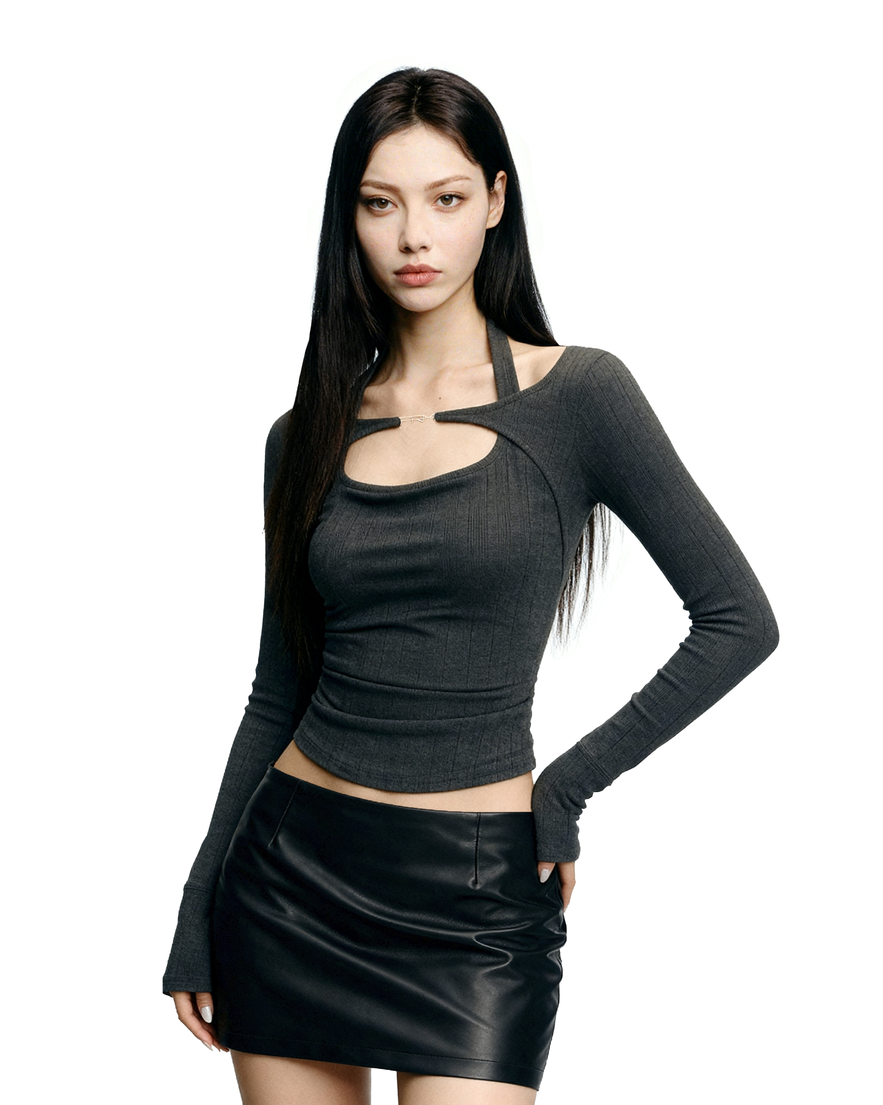 Halter Cutout-Layered Ribbed Long Sleeve Top - nightcity clothing