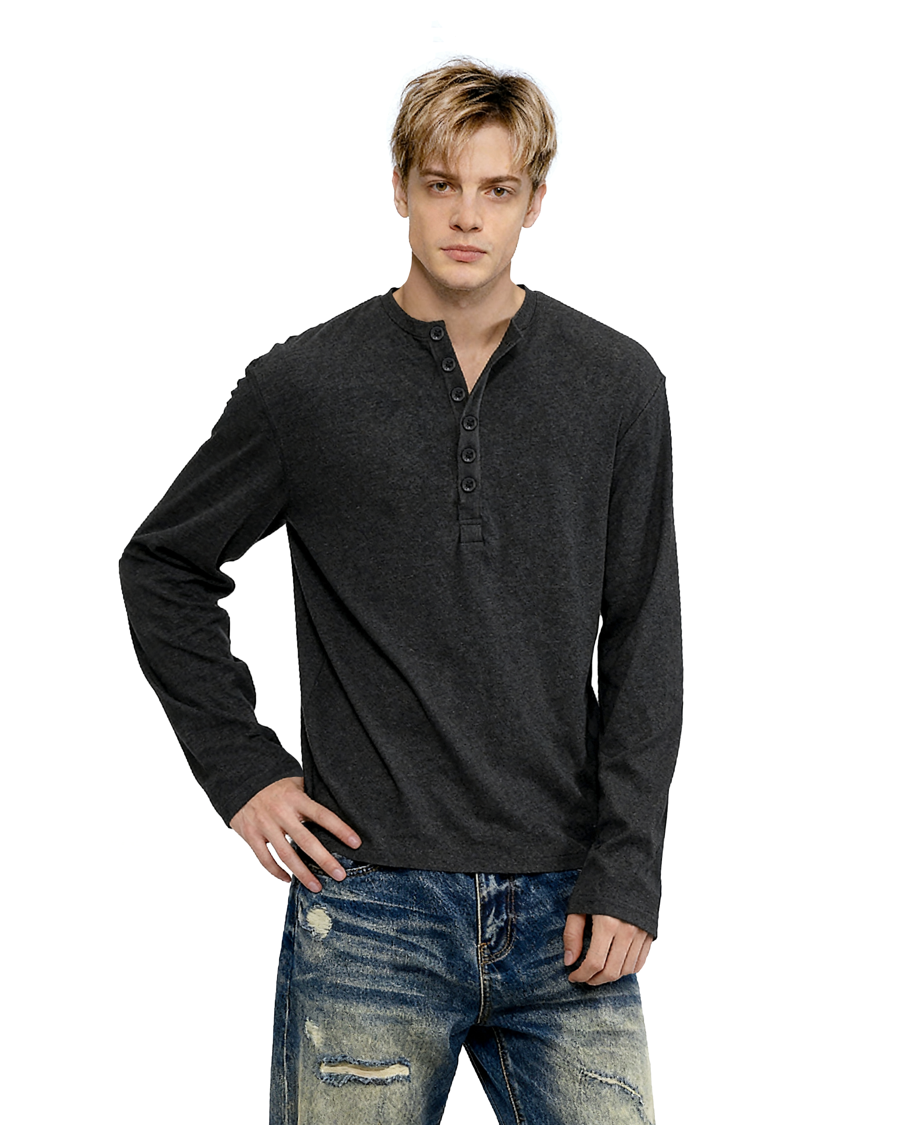 Slim Fit Mid-Crop Long Sleeve Henley T-Shirt-13